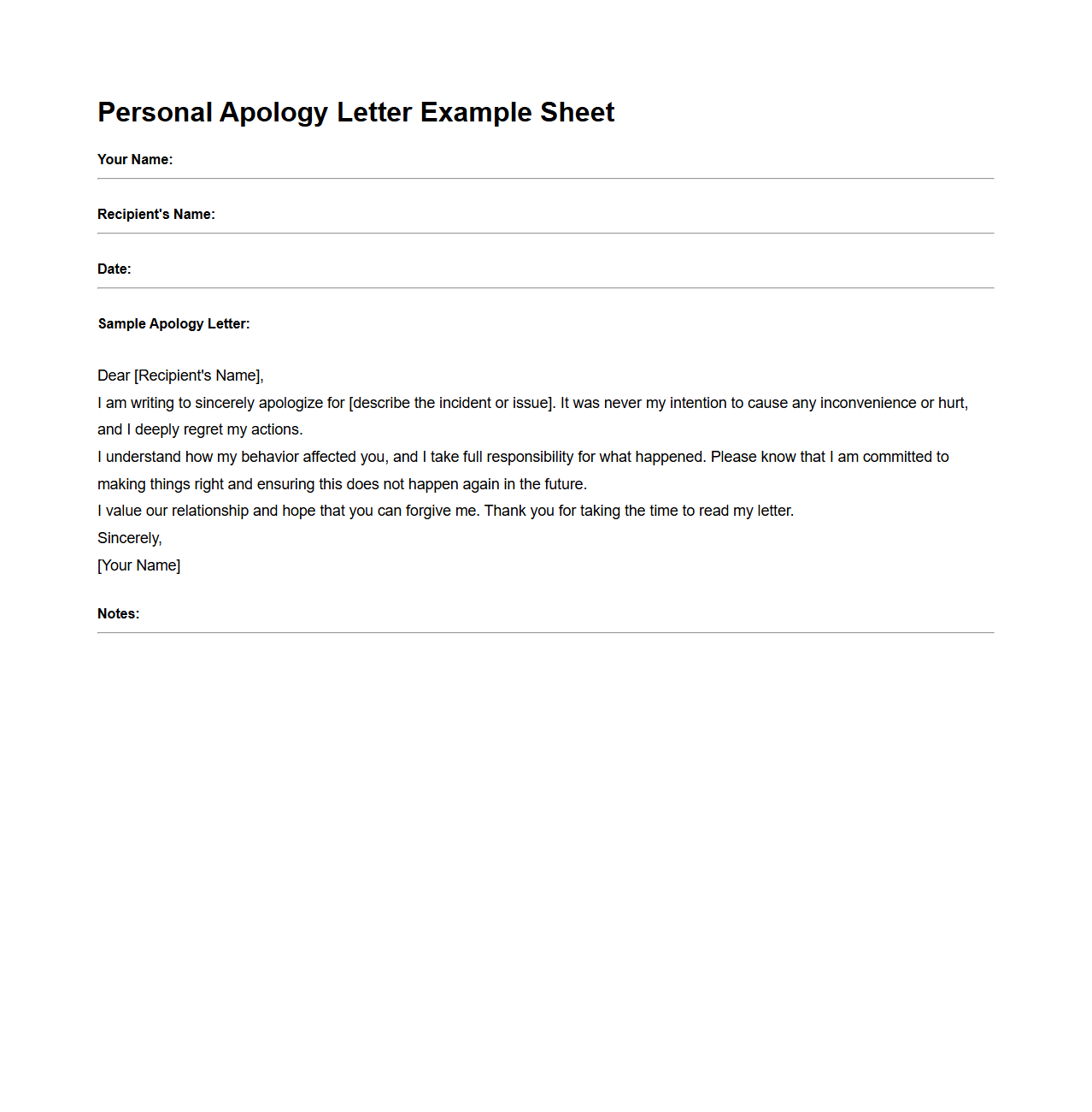 Personal Apology Letter Example Sheet