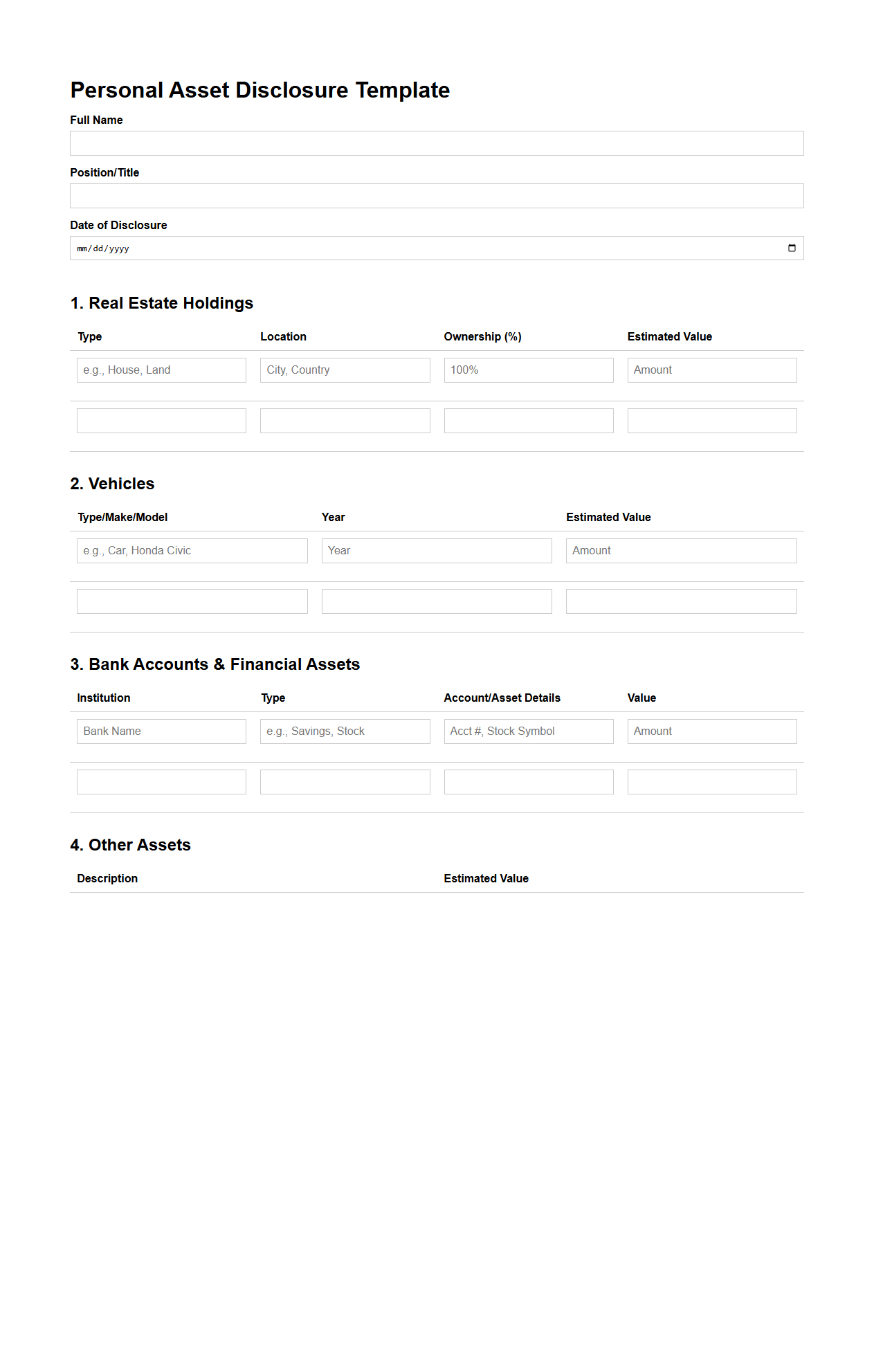 Personal Asset Disclosure Template
