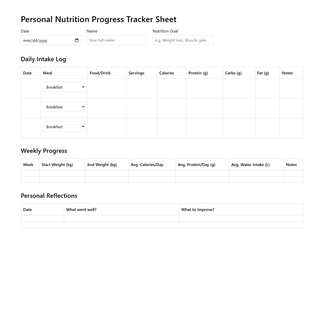 Personal Nutrition Progress Tracker Sheet