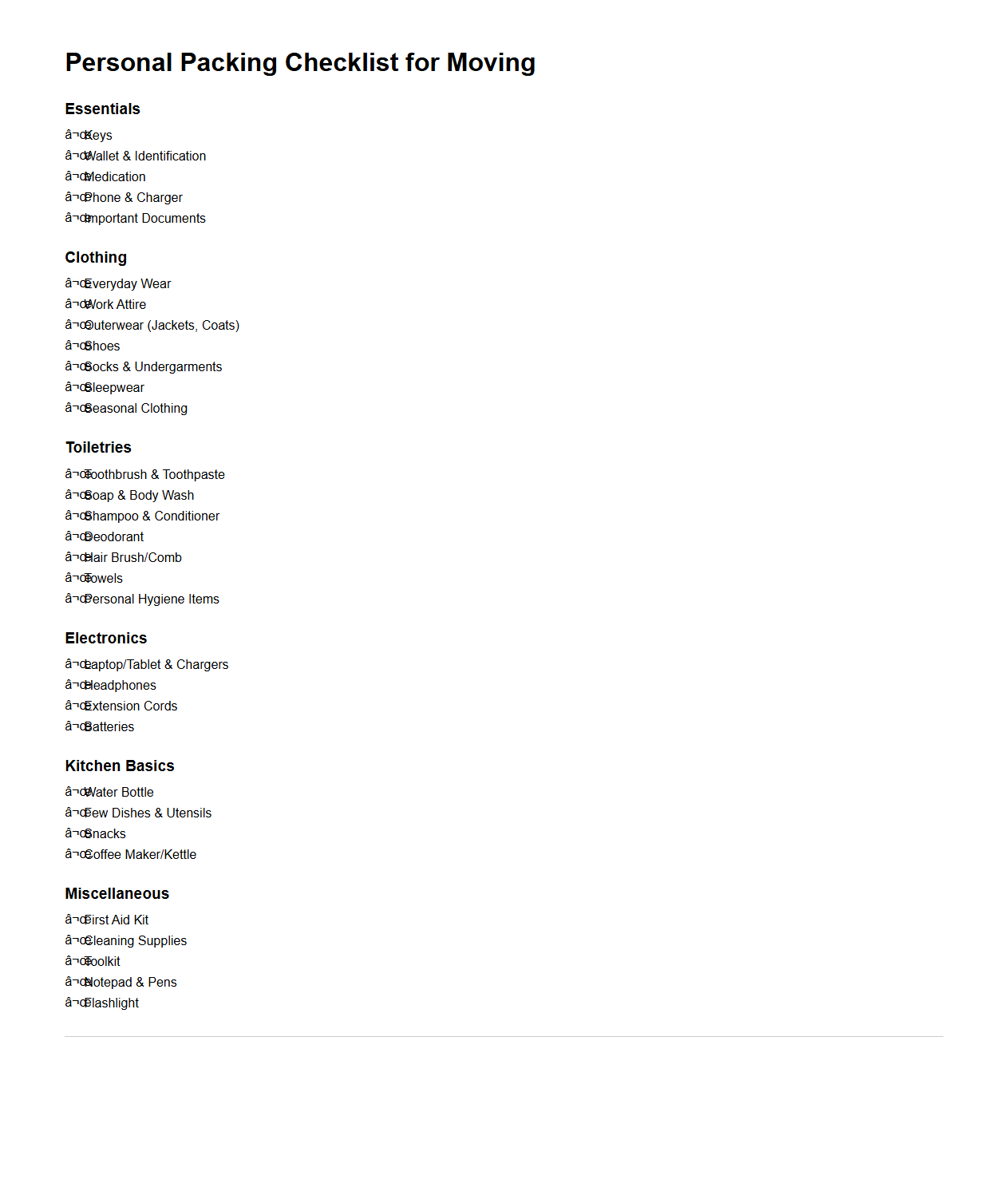 Personal Packing Checklist for Moving