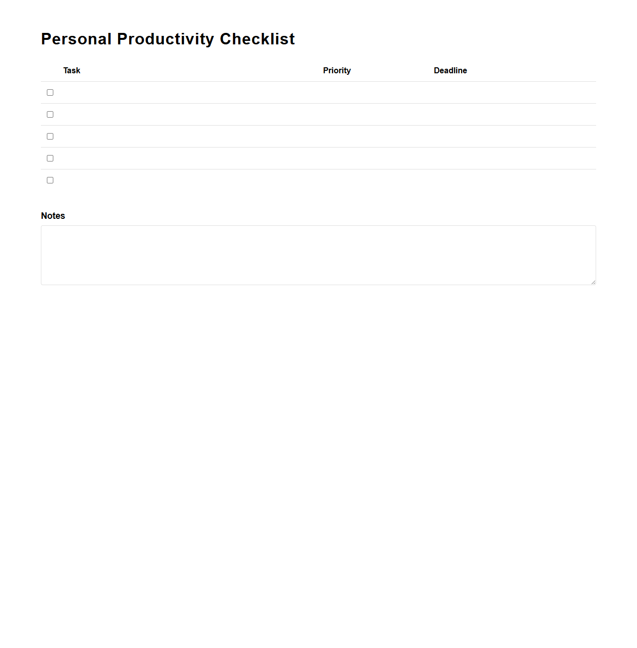 Personal Productivity Checklist Sheet