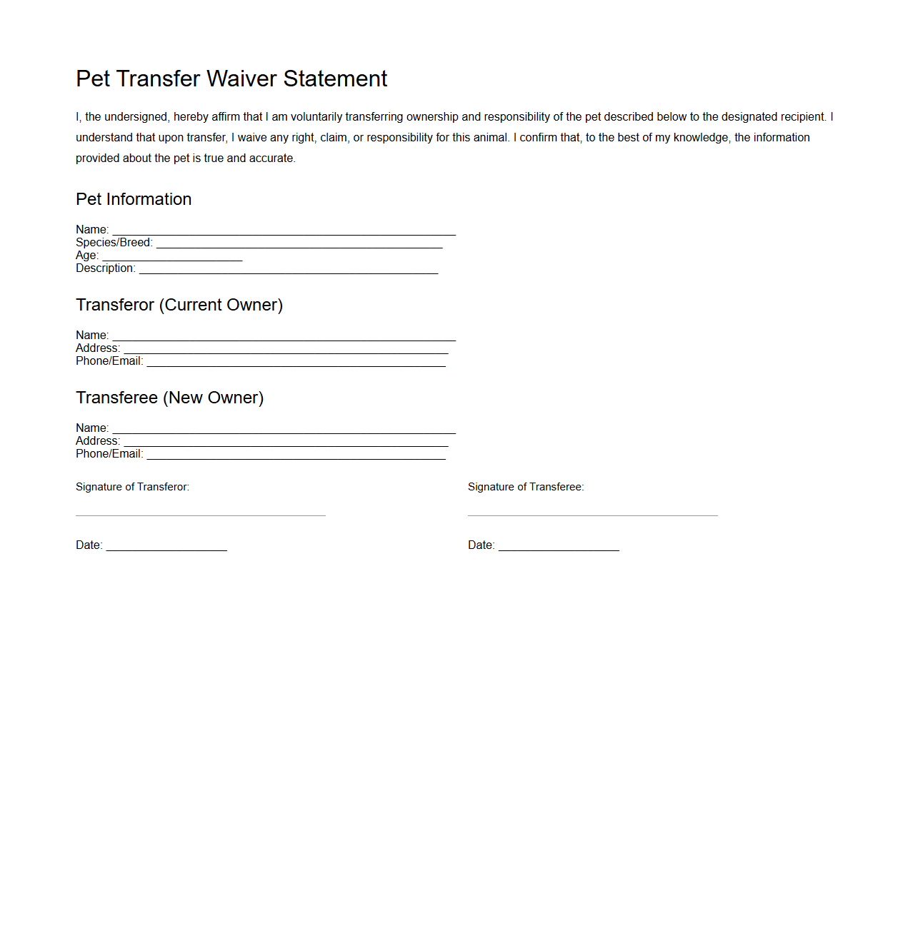Pet Transfer Waiver Statement