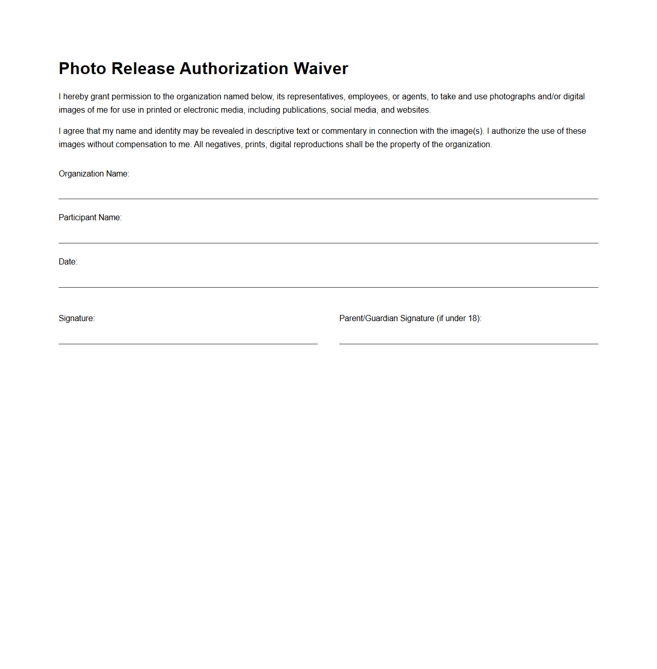 Photo Release Authorization Waiver Template