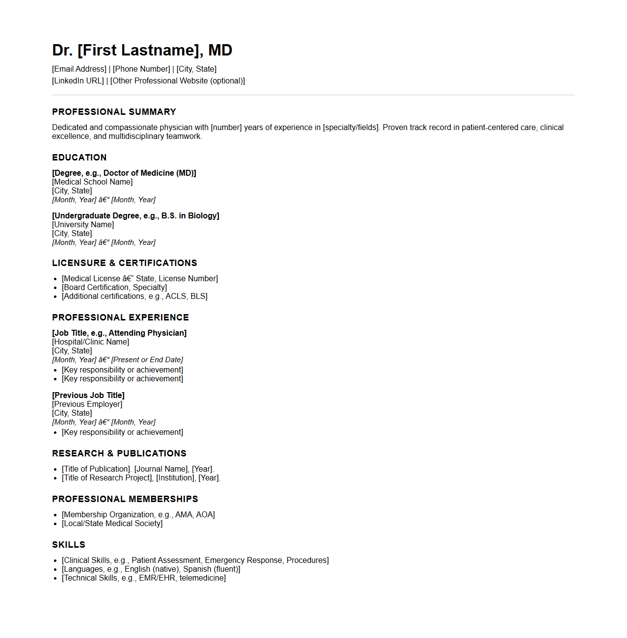 Physician Resume Template for Healthcare Careers