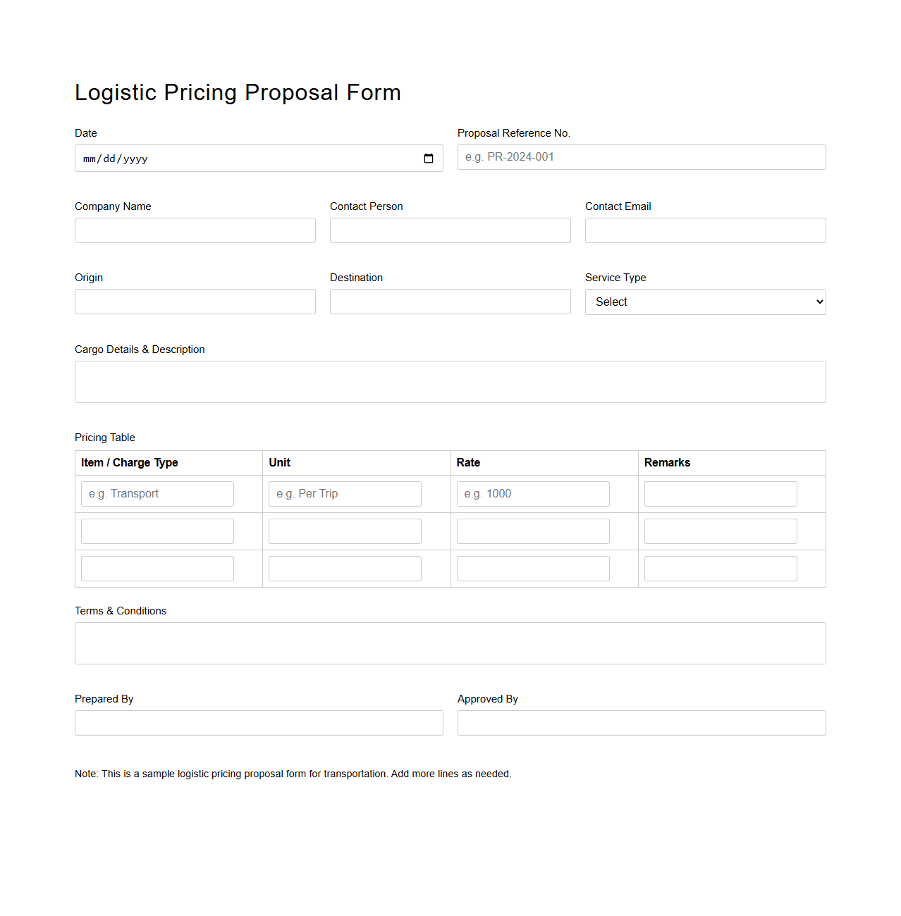Plain Logistic Pricing Proposal Form for Transportation