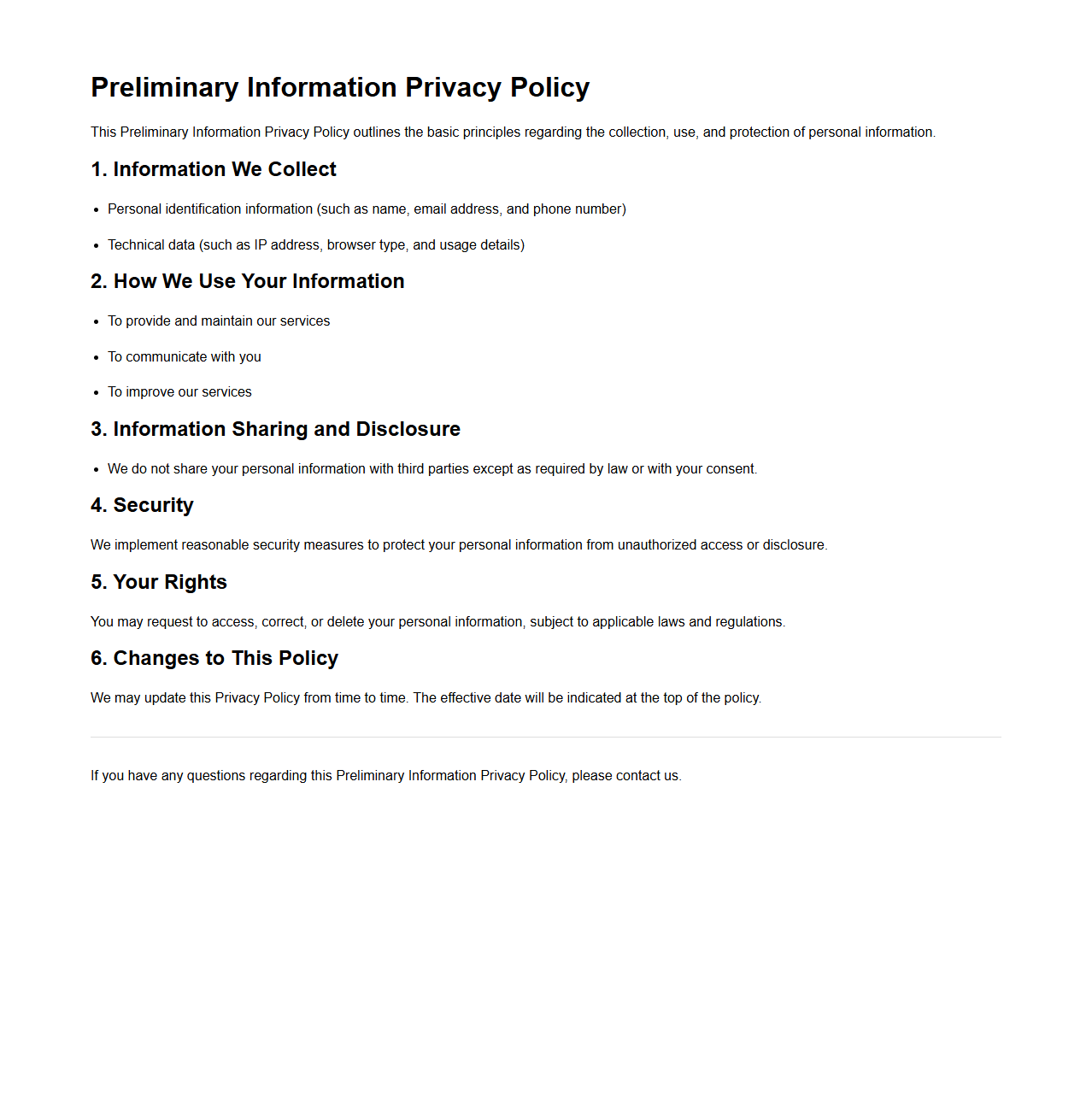 Preliminary Information Privacy Policy