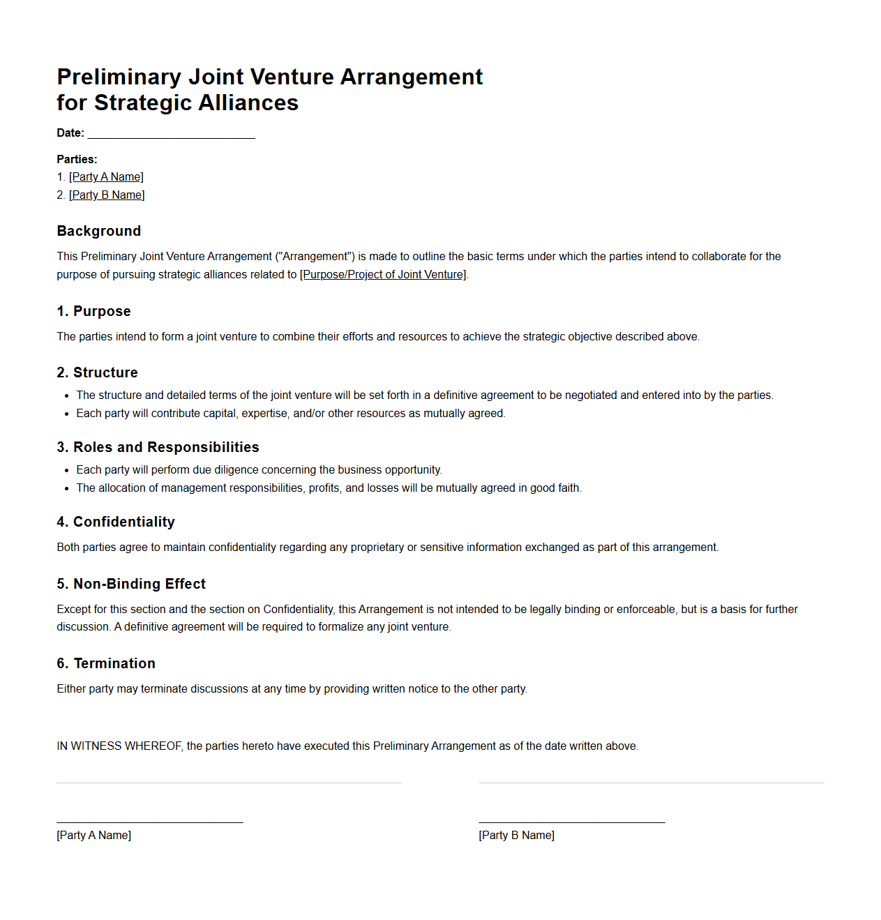 Preliminary Joint Venture Arrangement for Strategic Alliances