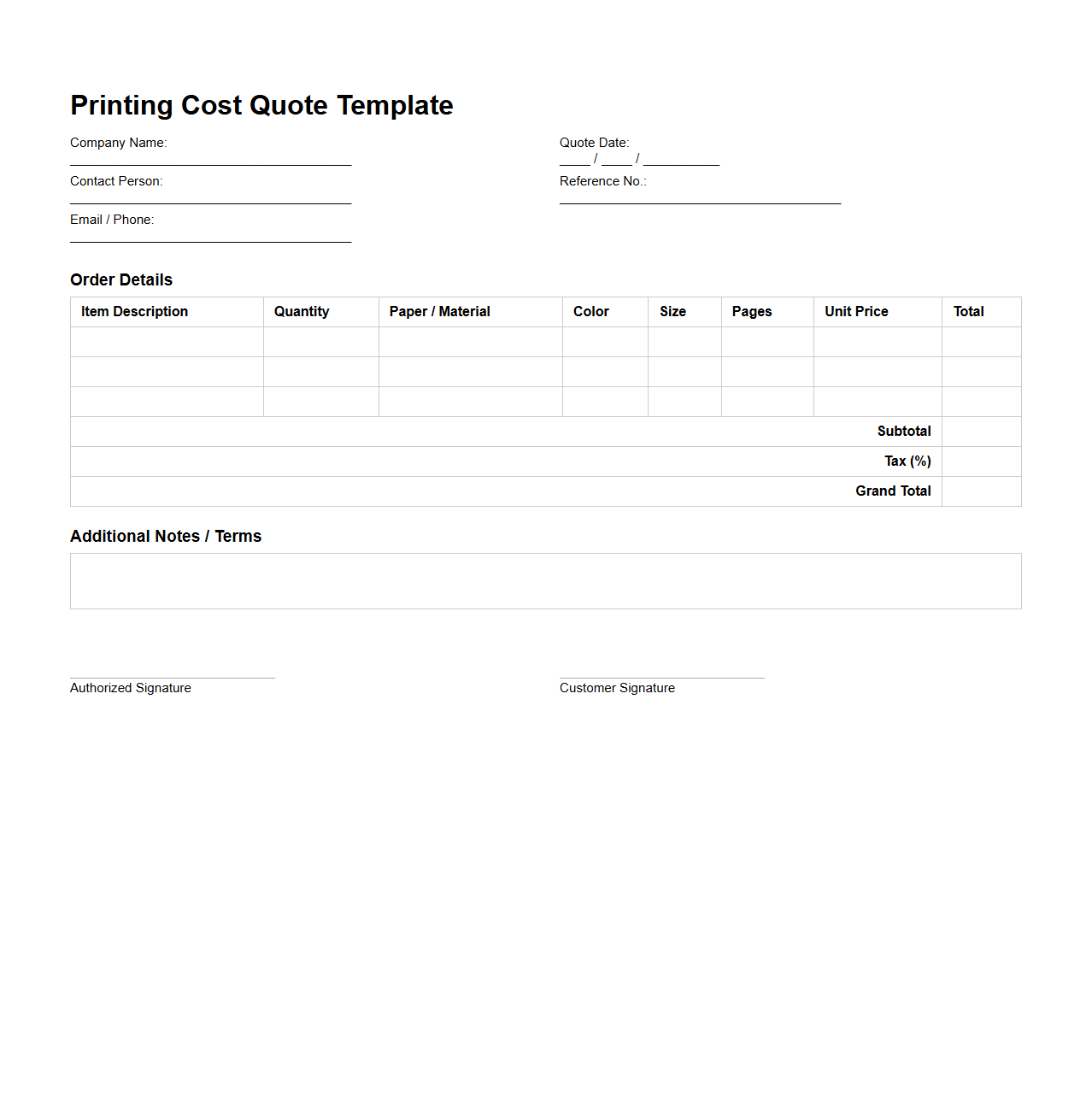 Printing Cost Quote Template for Bulk Orders