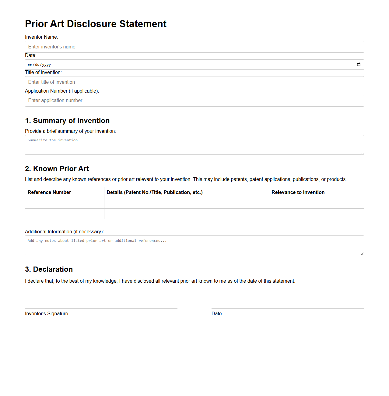 Prior Art Disclosure Statement Format for Inventors