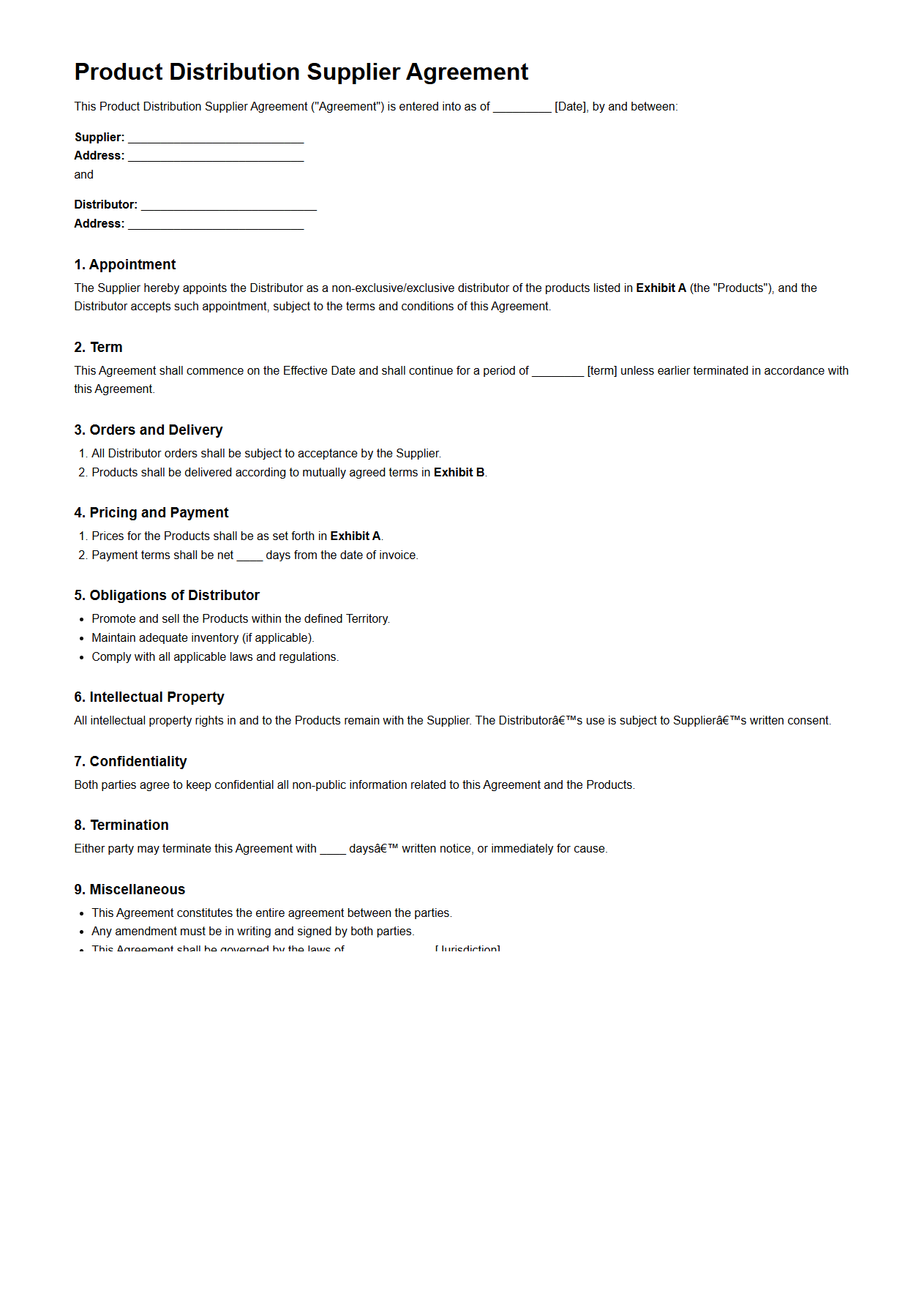 Product Distribution Supplier Agreement Template