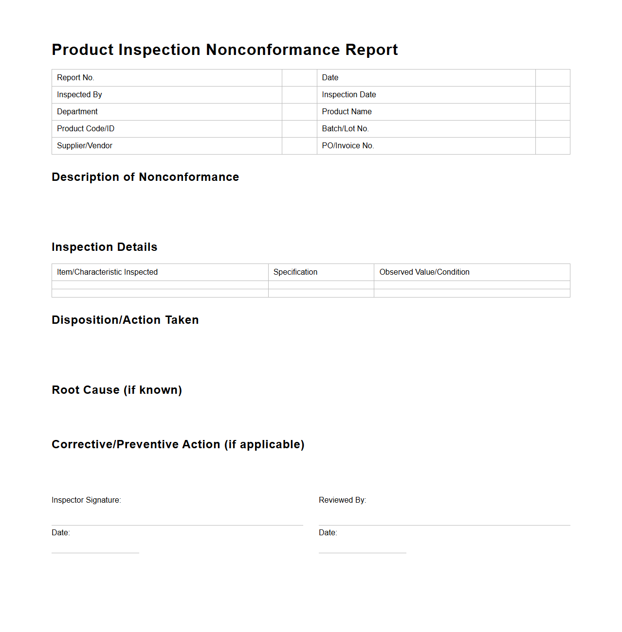 Product Inspection Nonconformance Report Template