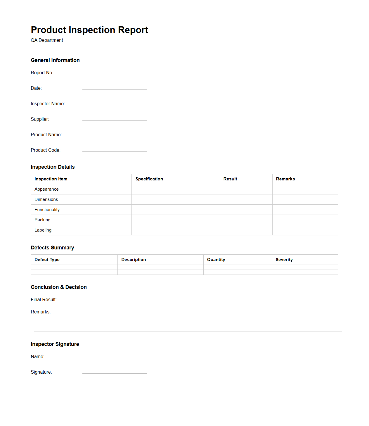 Product Inspection Report Format for QA