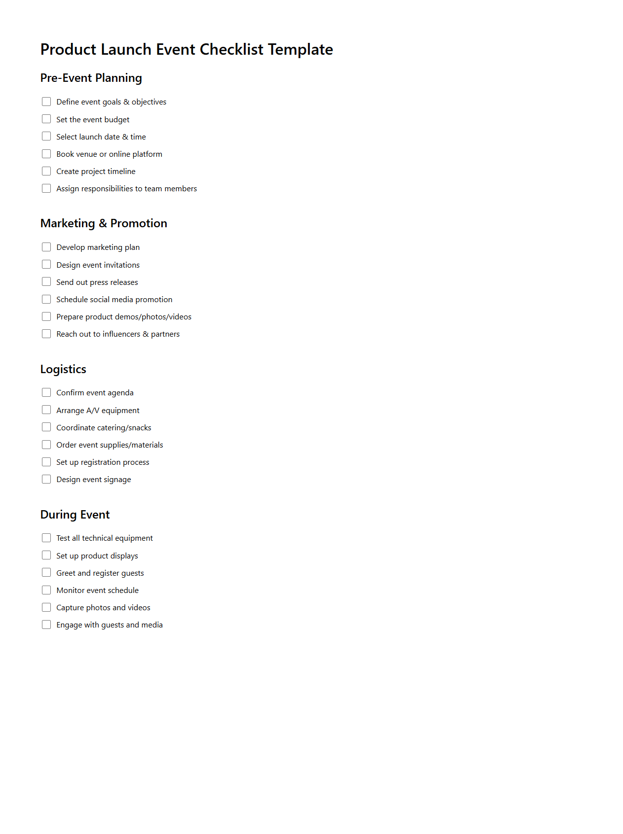 Product Launch Event Checklist Template