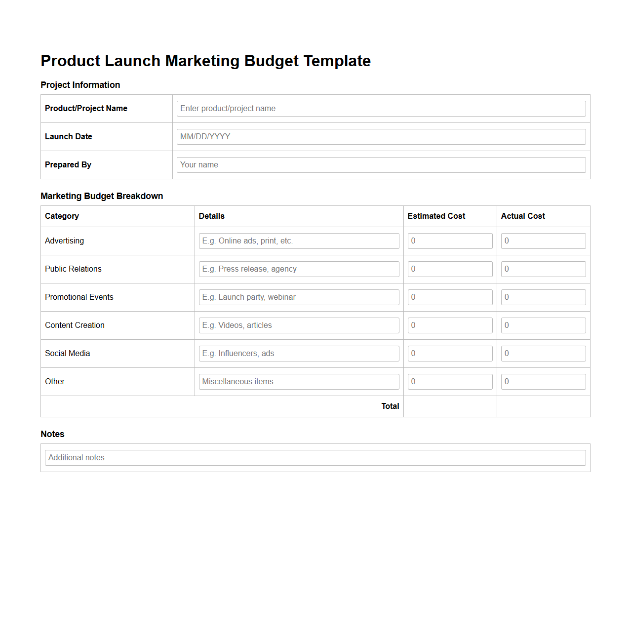 Product Launch Marketing Budget Template