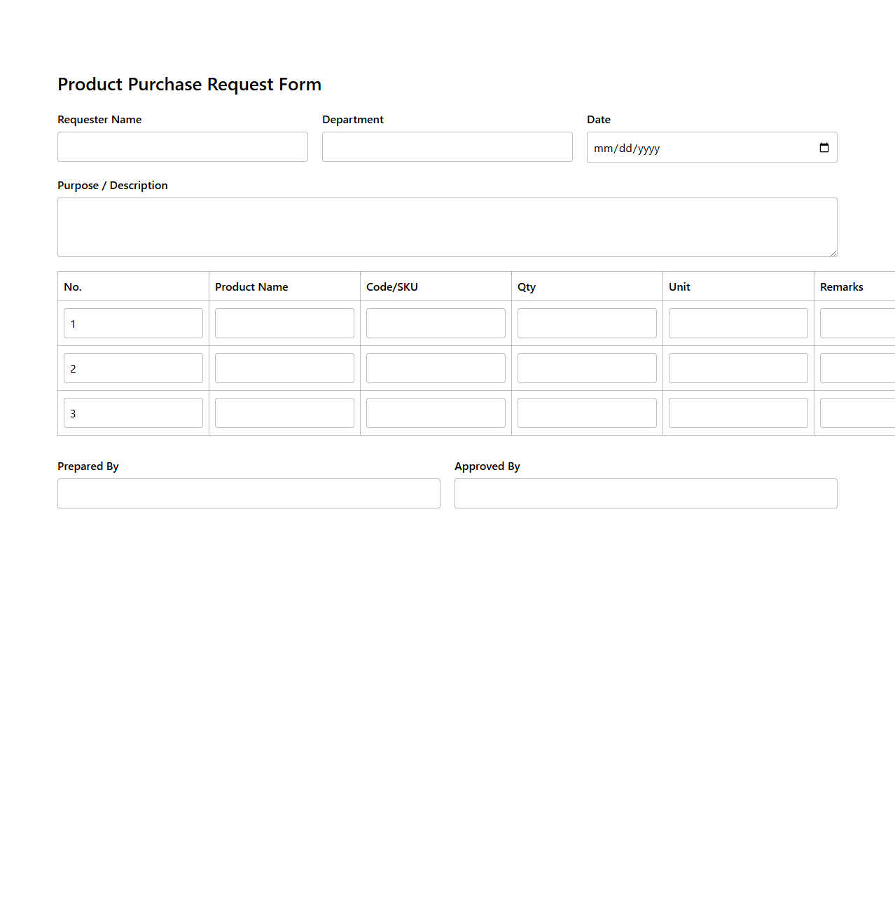 Product Purchase Request Blank Form