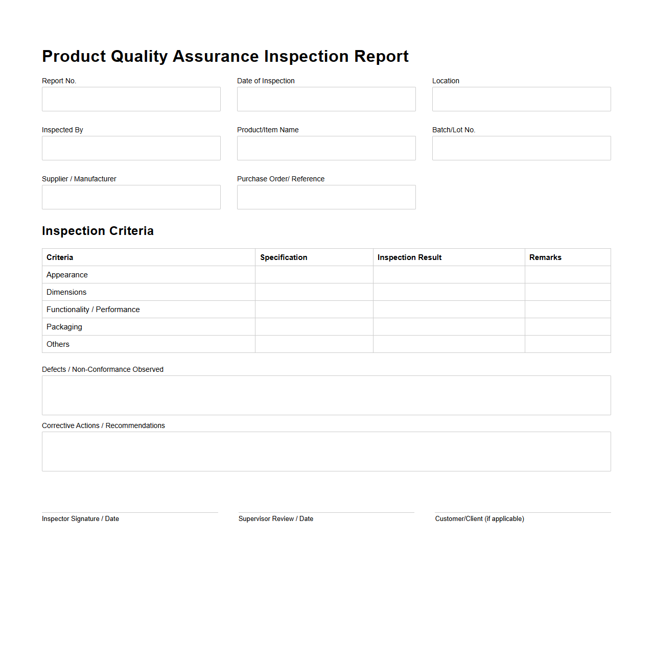 Product Quality Assurance Inspection Report