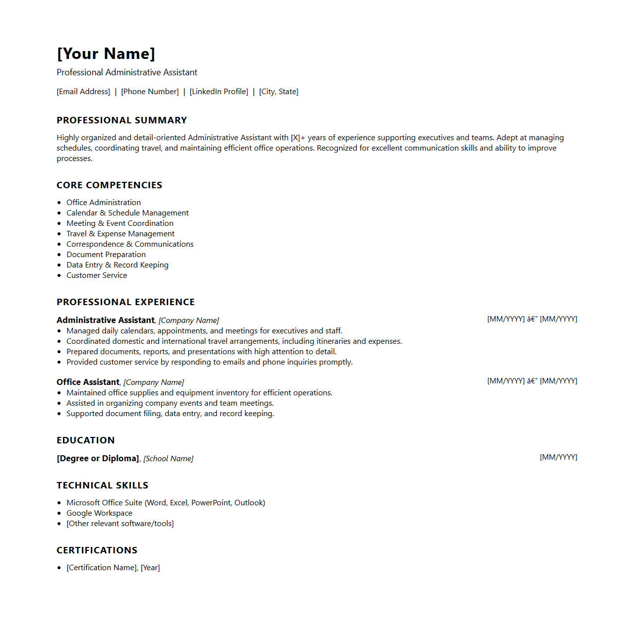Professional Administrative Assistant Resume Template