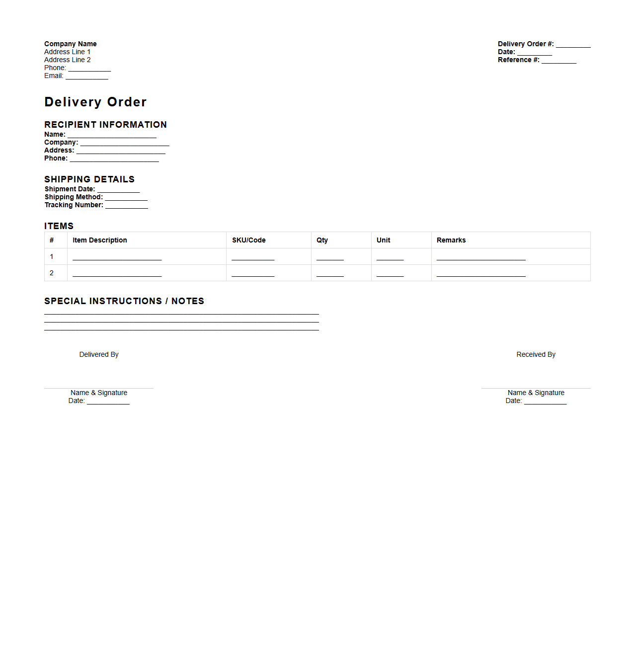 Professional Delivery Order Outline for Shipping Requests
