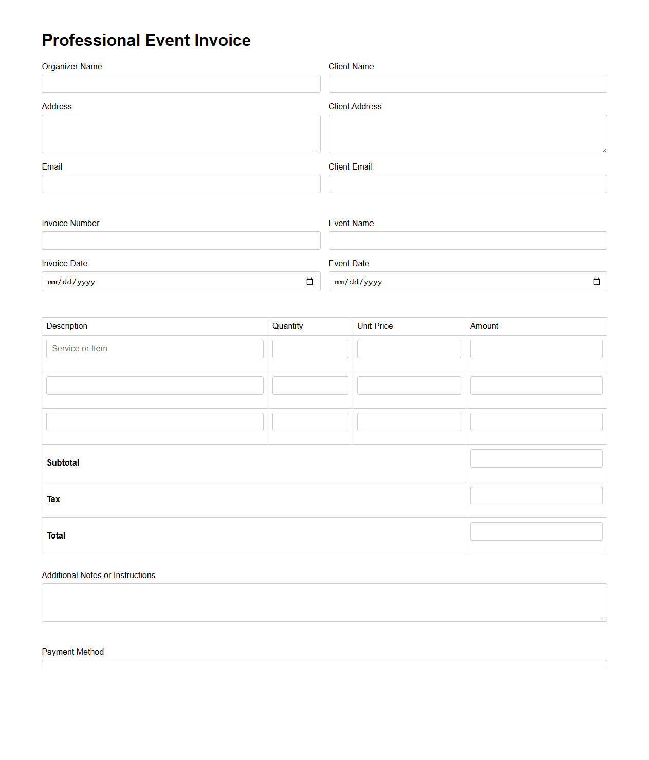 Professional Event Invoice Form for Organizers