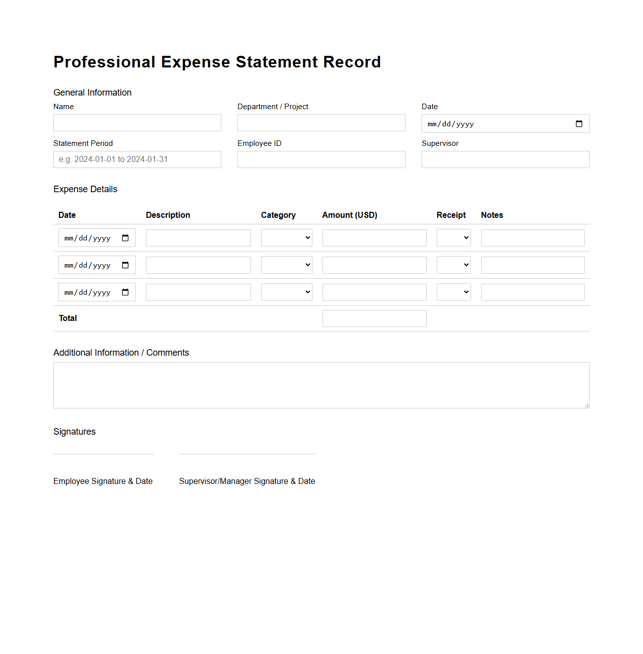 Professional Expense Statement Record