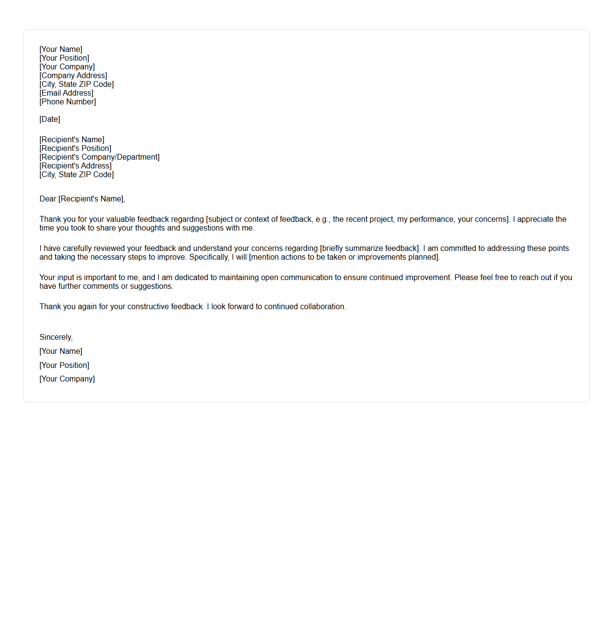Professional Feedback Response Letter Template