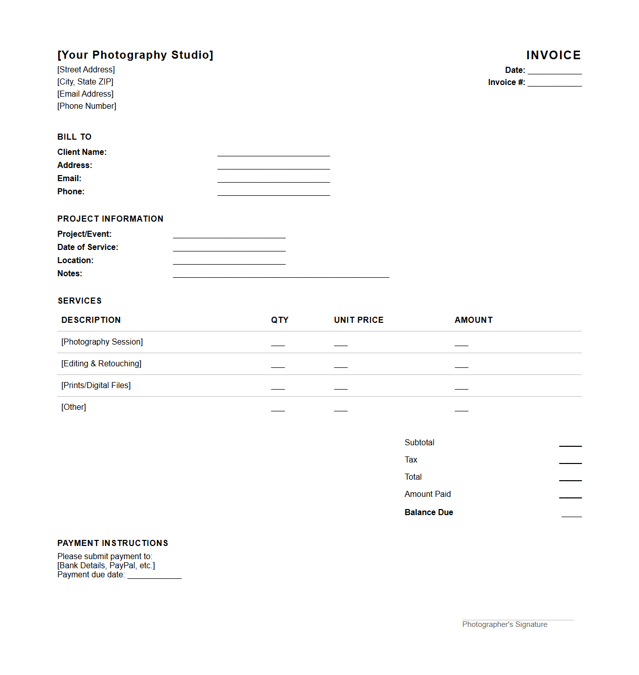 Professional Photography Invoice Sheet