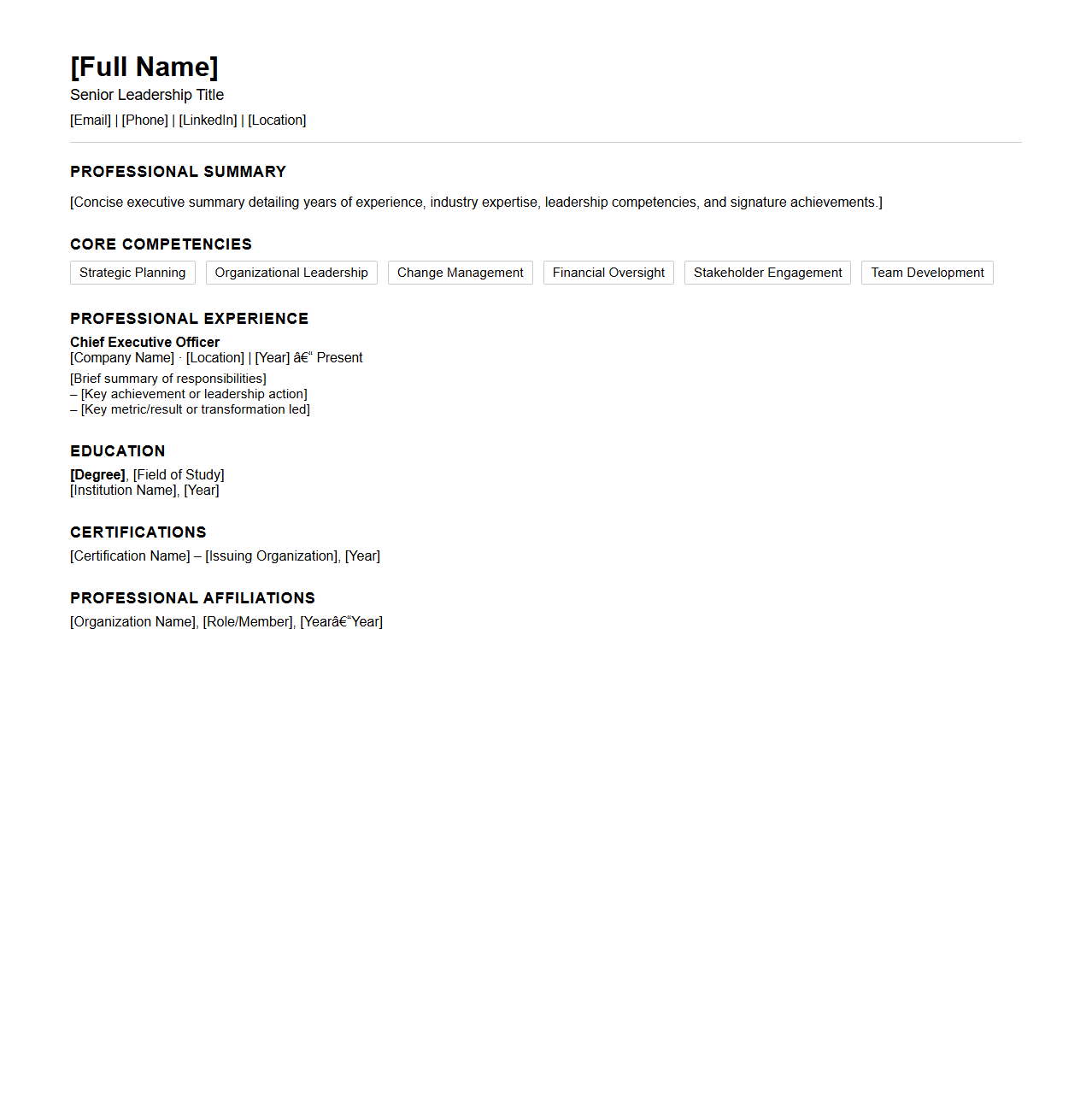 Professional Resume Structure for Senior Leadership