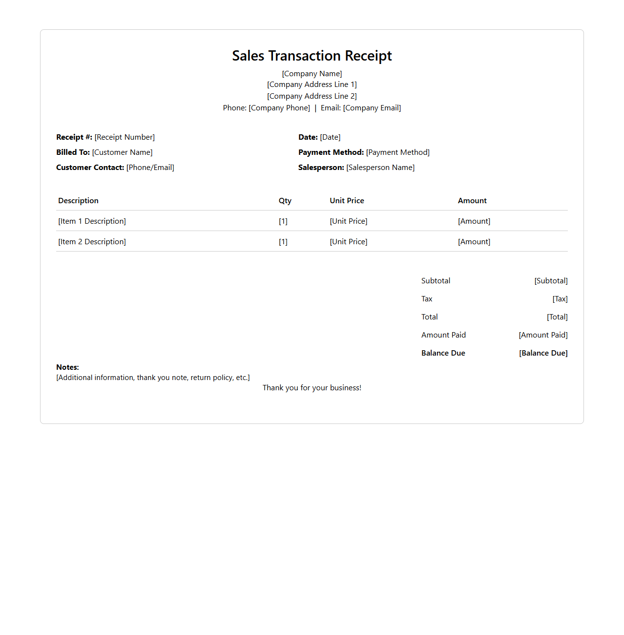 Professional Sales Transaction Receipt Template