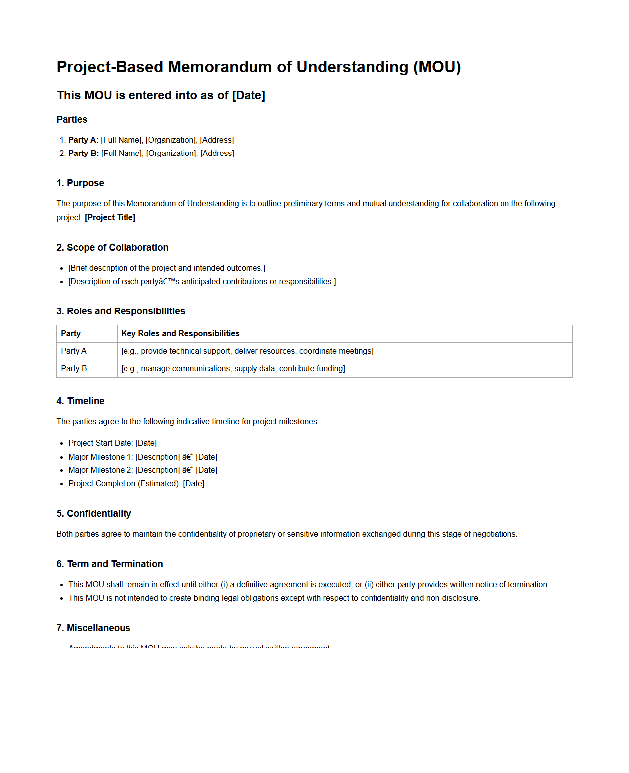 Project-Based MOU Template for Early-Stage Negotiations