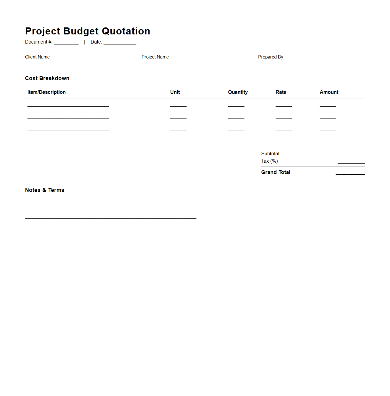 Project Budget Quotation Layout