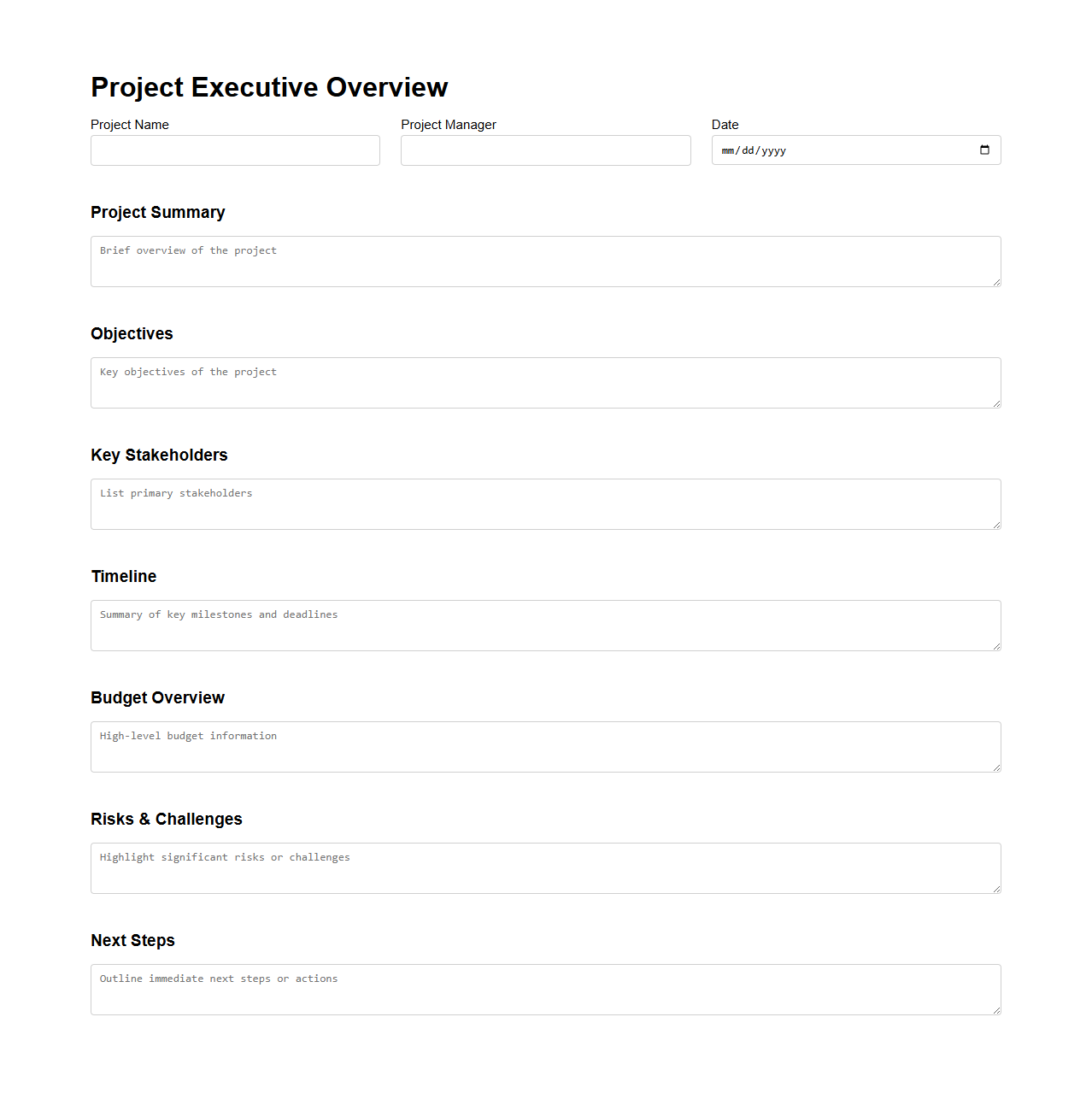 Project Executive Overview Template