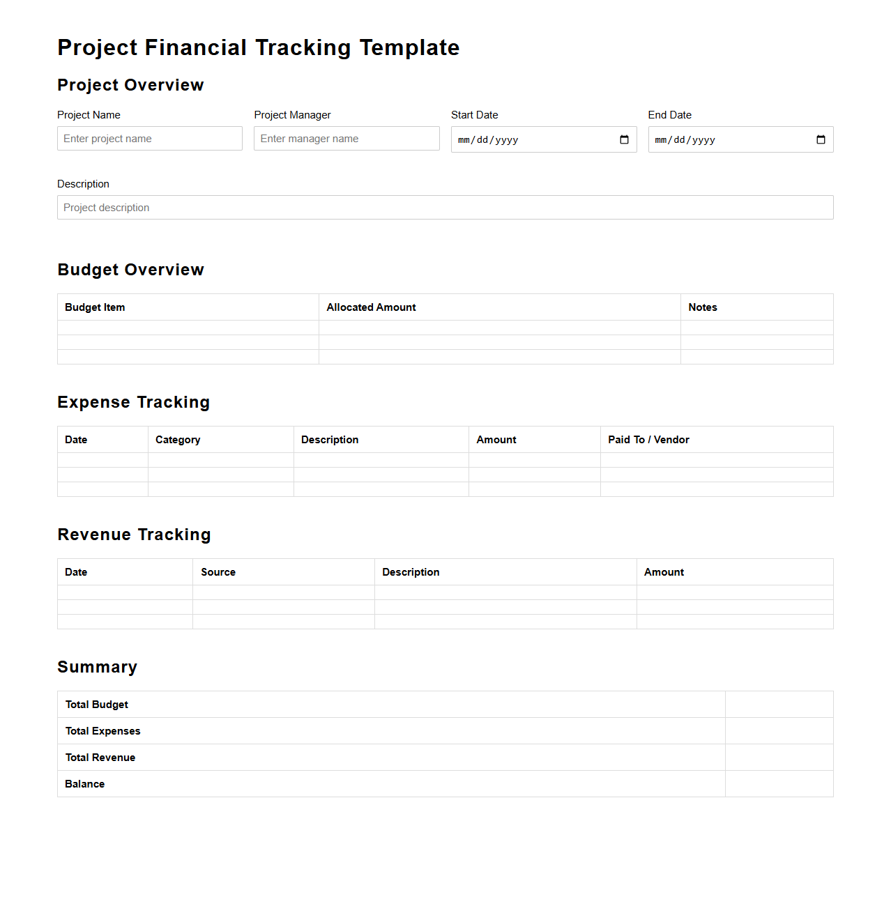 Project Financial Tracking Template for Entrepreneurs