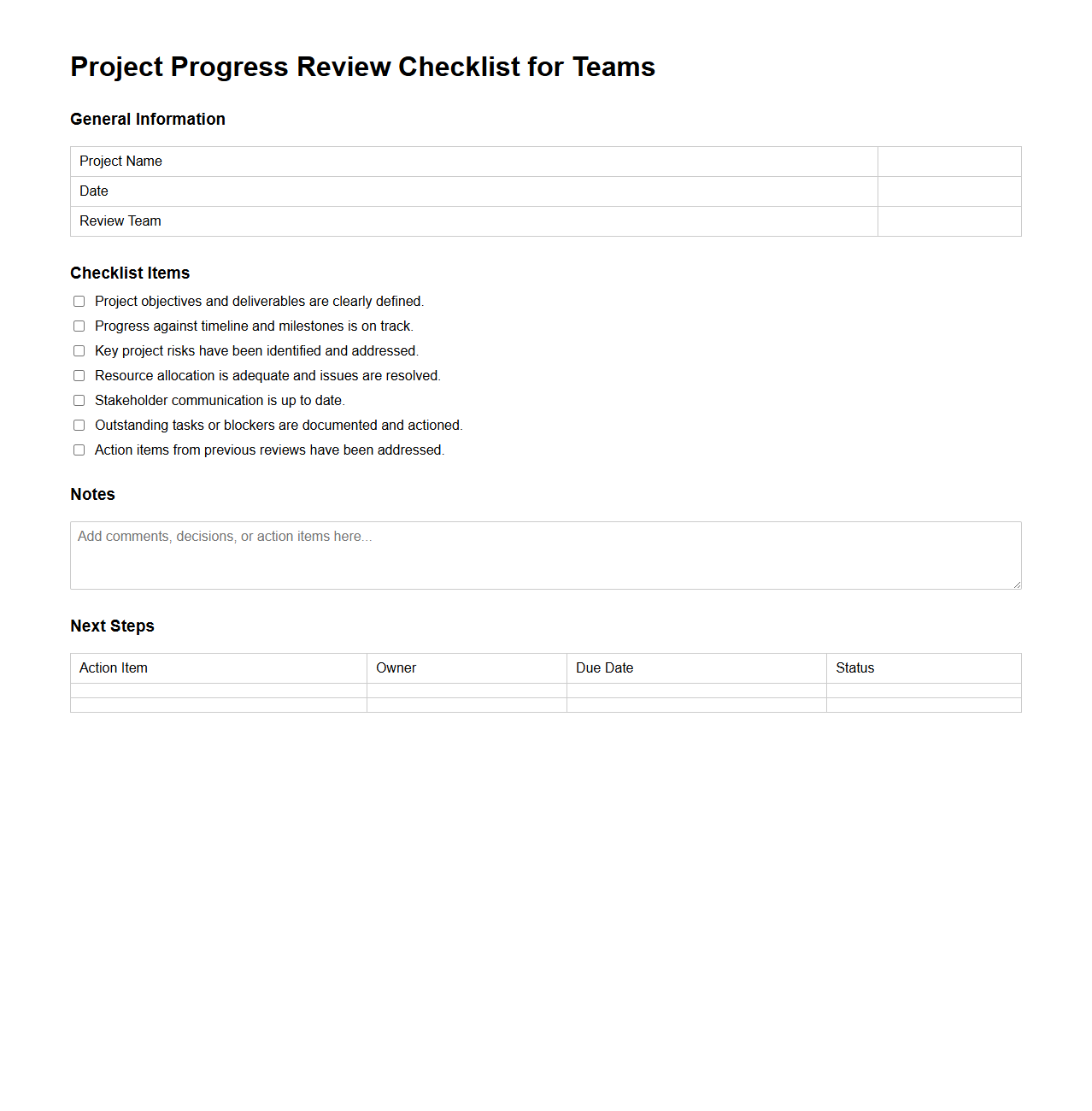Project Progress Review Checklist for Teams