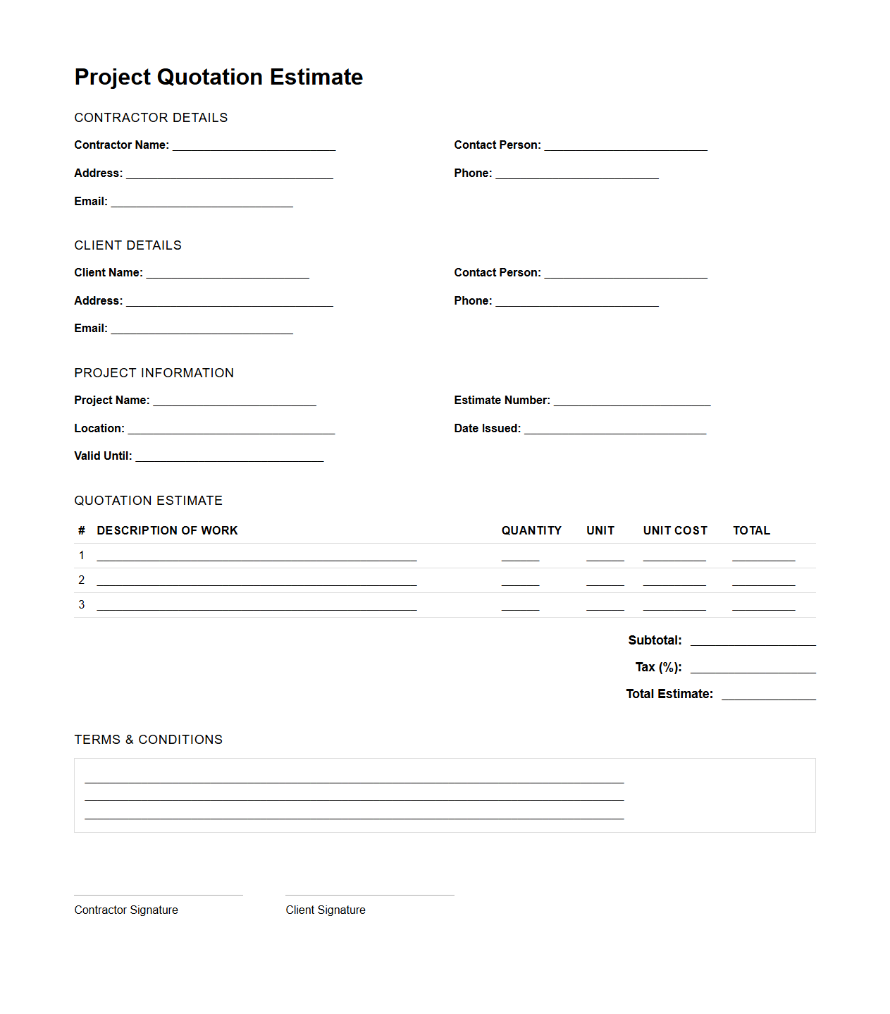 Project Quotation Estimate Template for Contractors