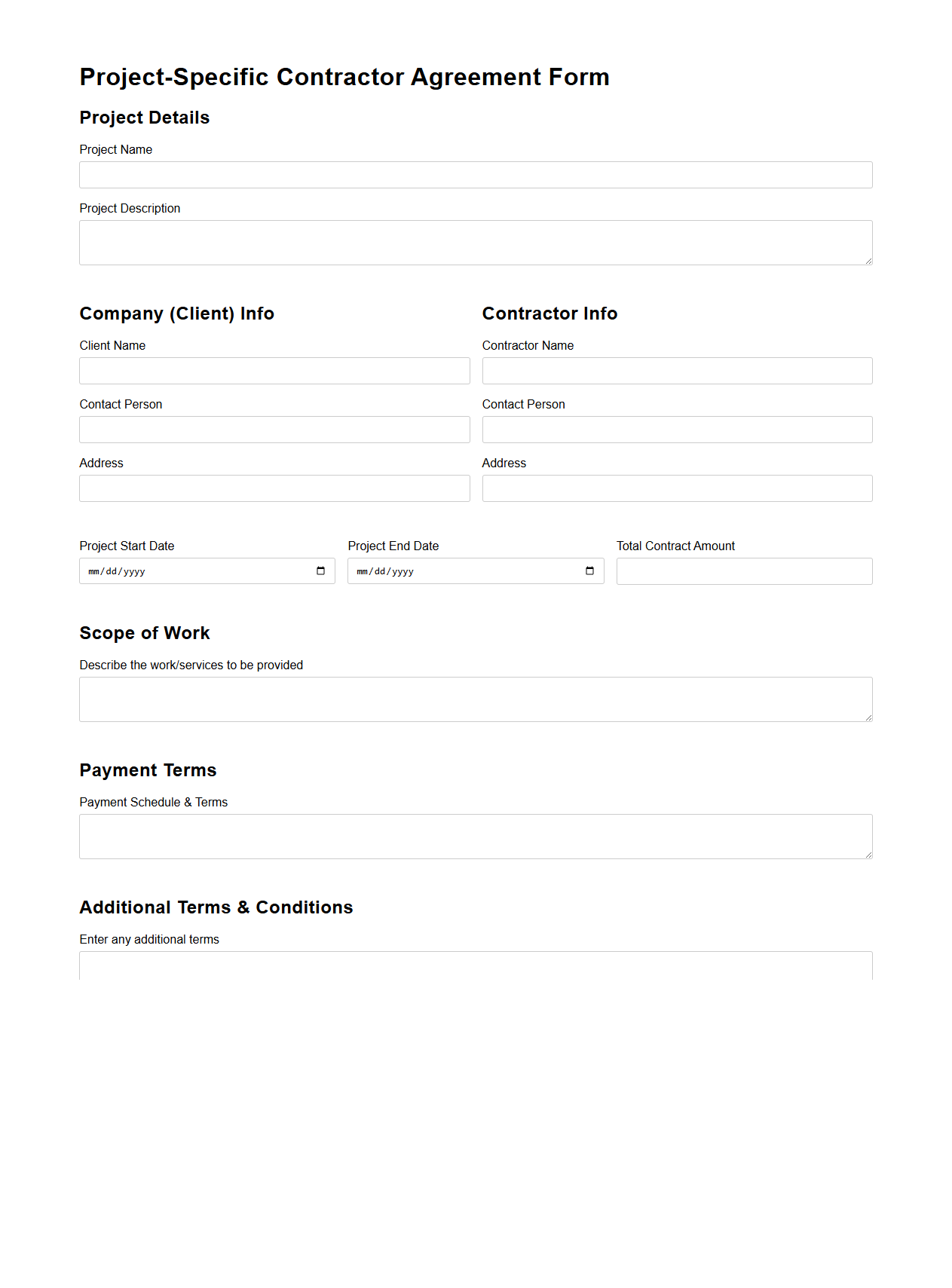 Project-Specific Contractor Agreement Form