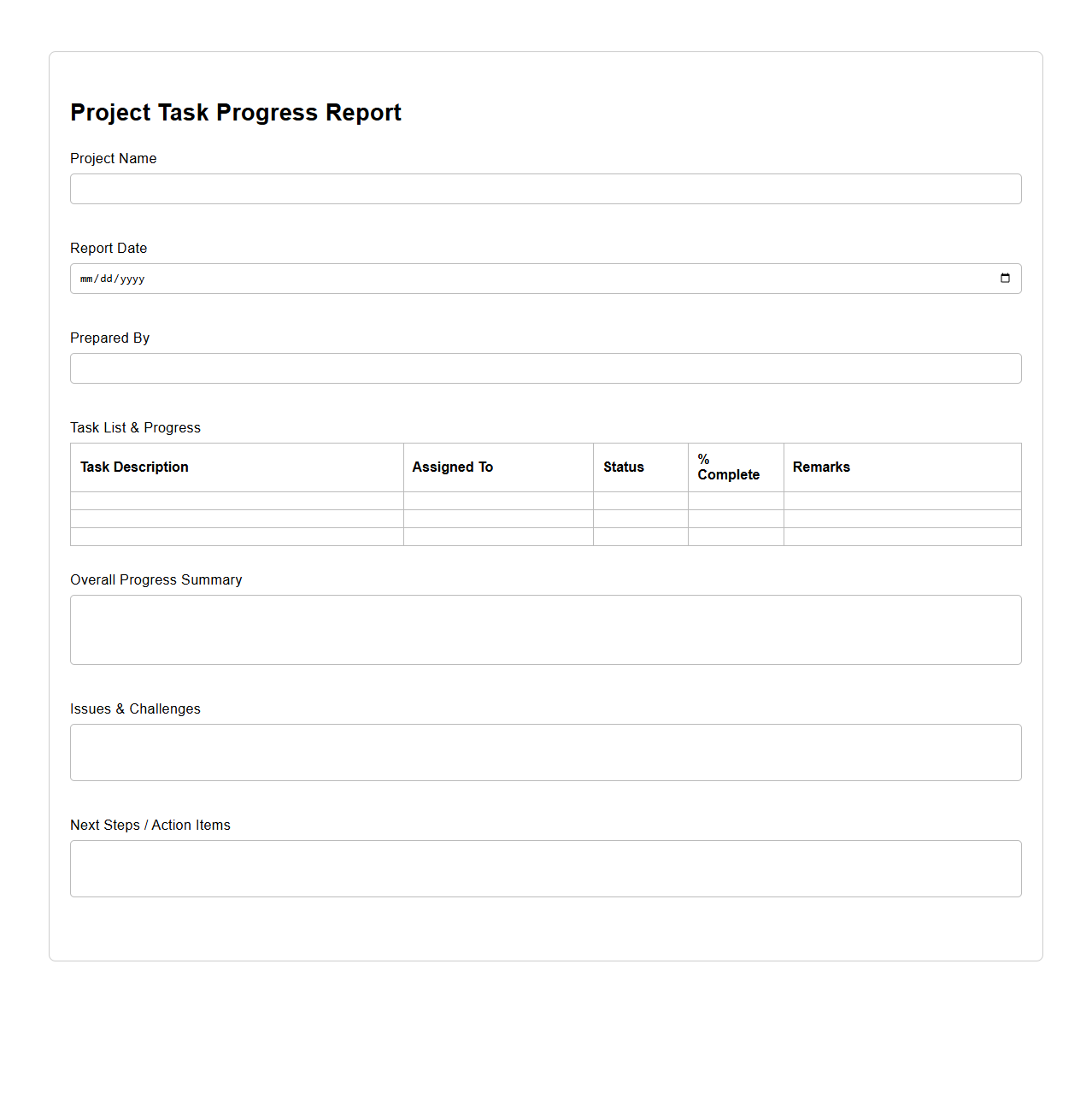 Project Task Progress Report Blank Sheet