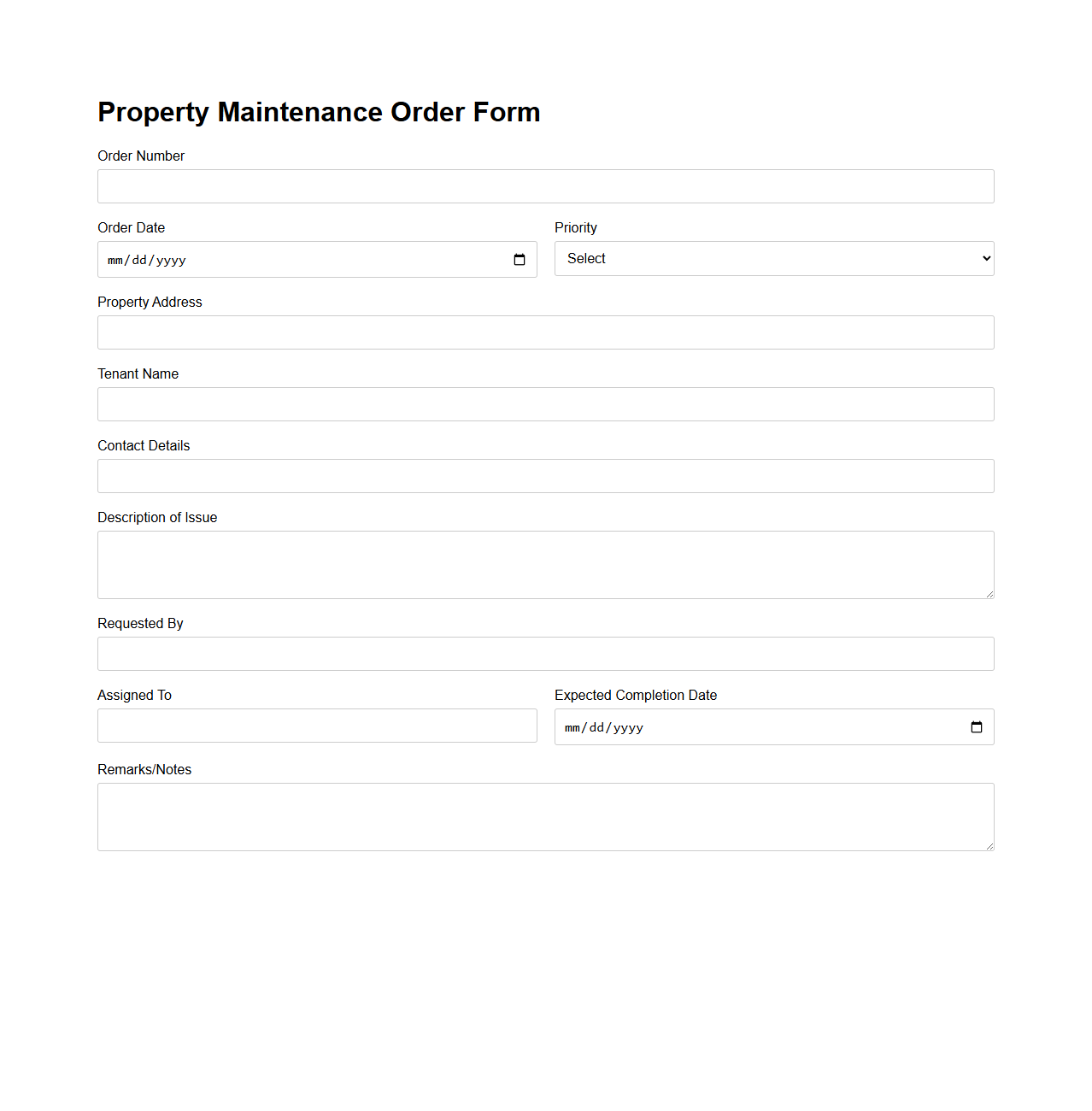 Property Maintenance Order Form