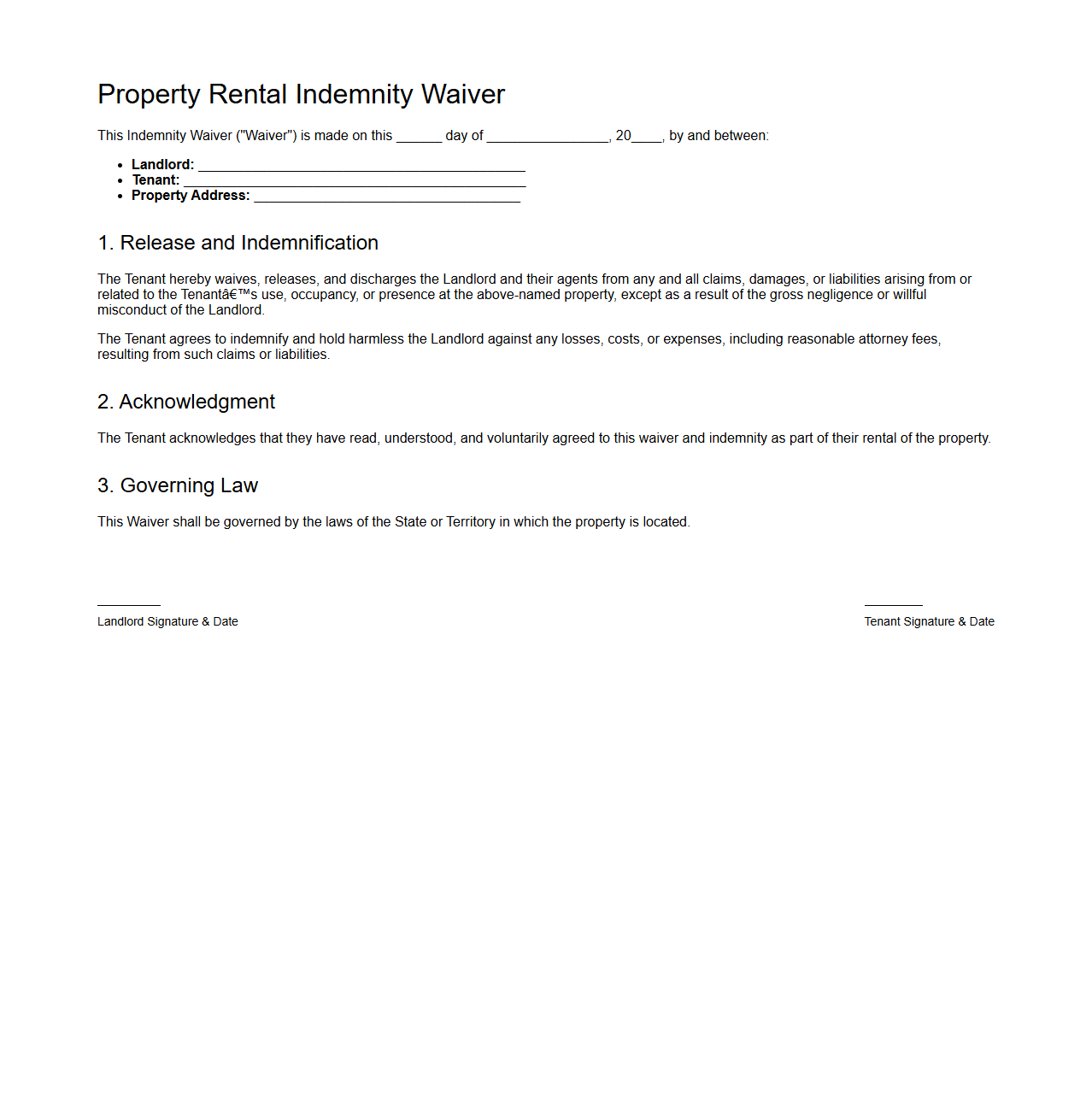 Property Rental Indemnity Waiver Template