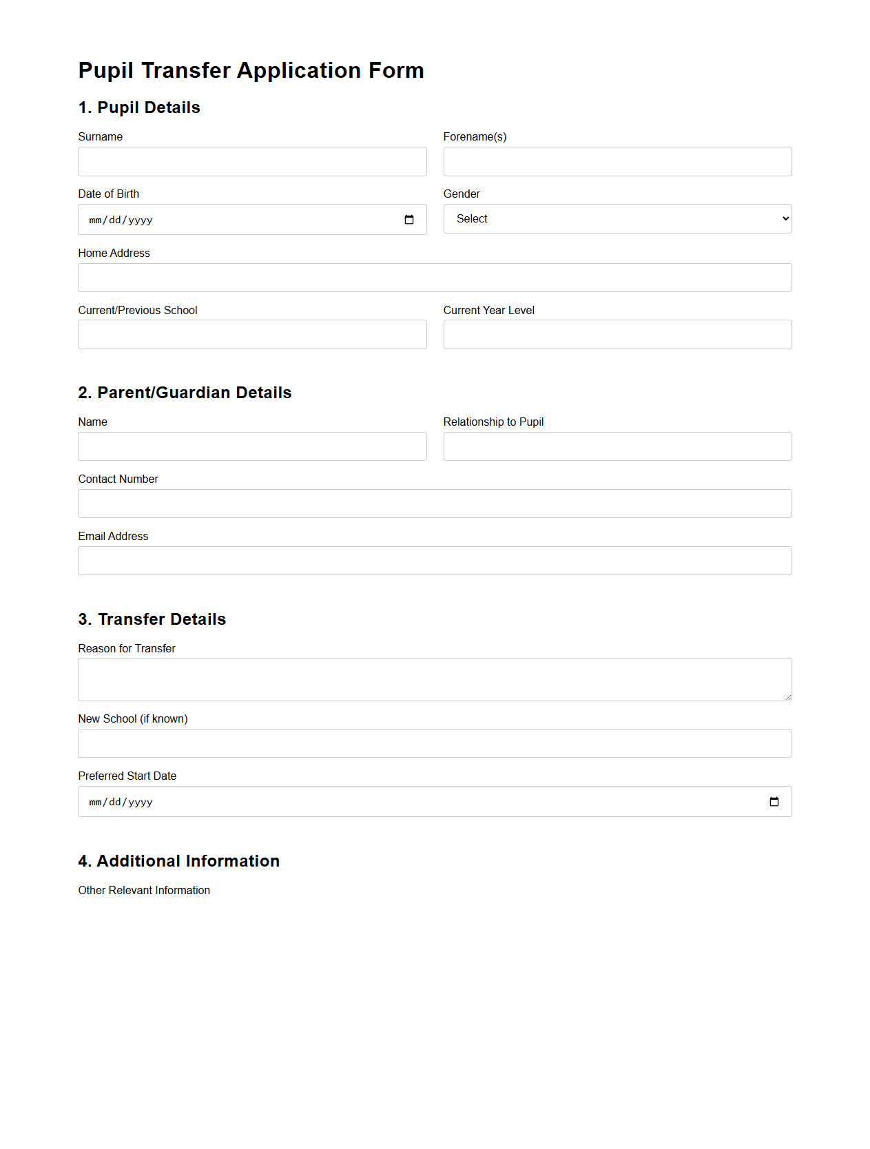 Pupil Transfer Application Form Template