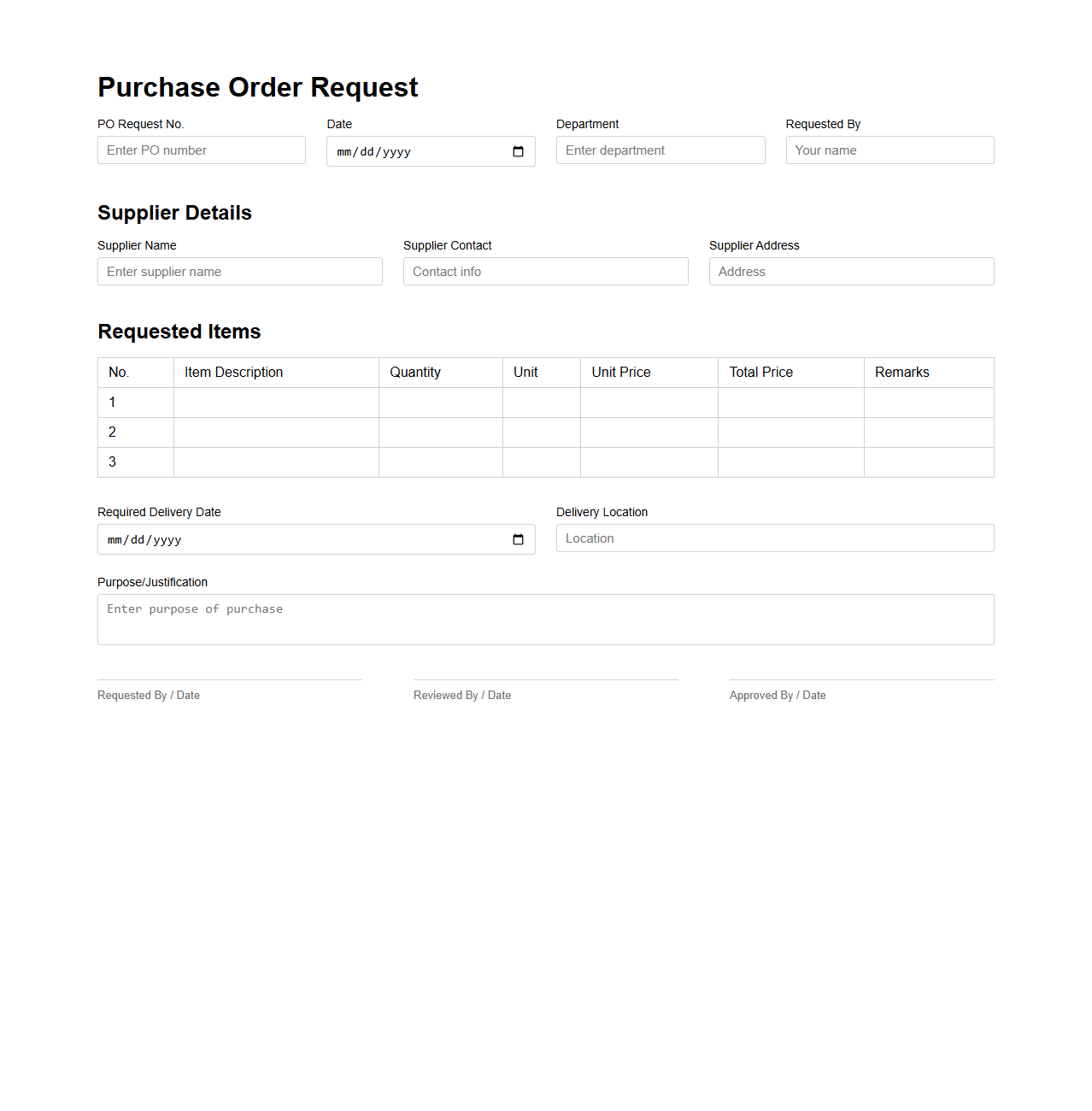 Purchase Order Request Template for Procurement Officers
