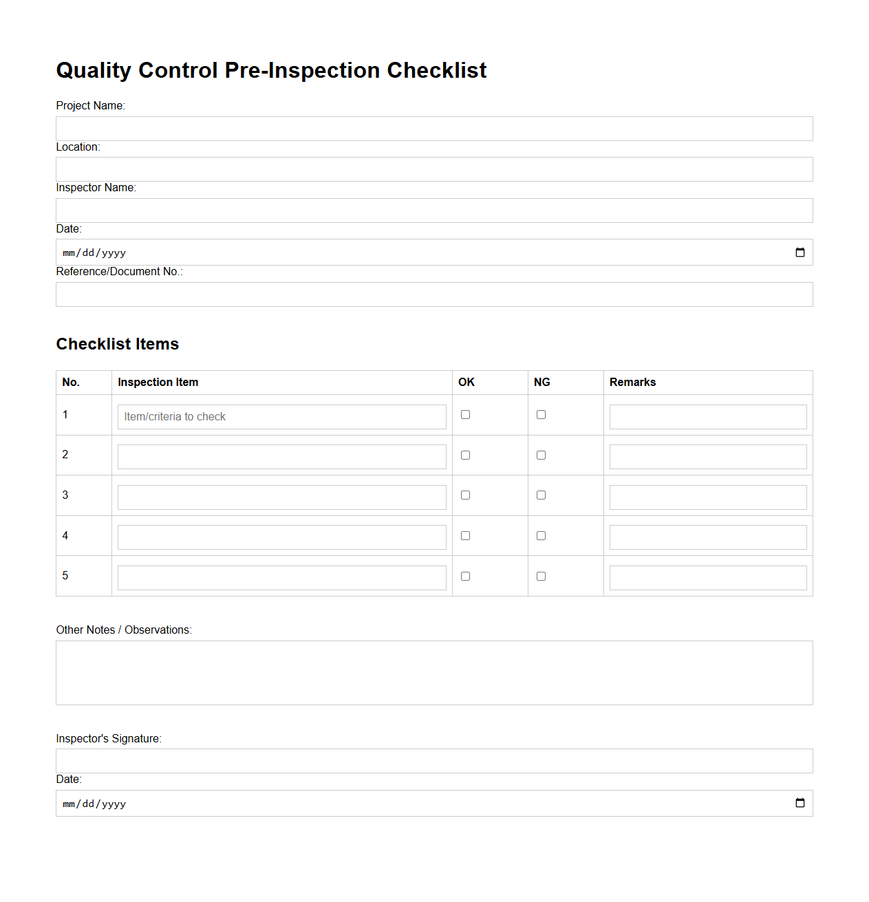 Quality Control Pre-Inspection Blank Checklist