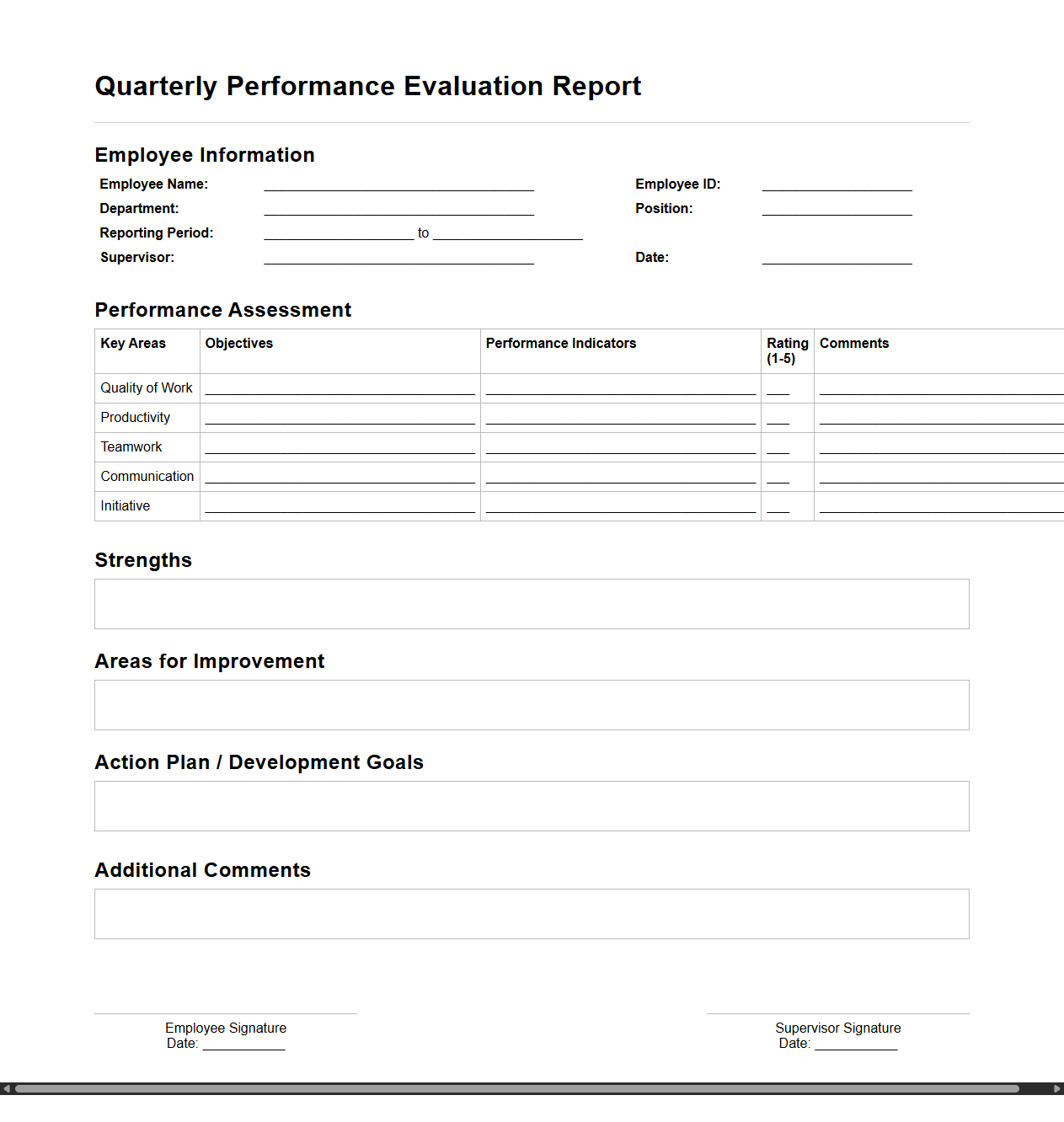 Quarterly Performance Evaluation Report Template