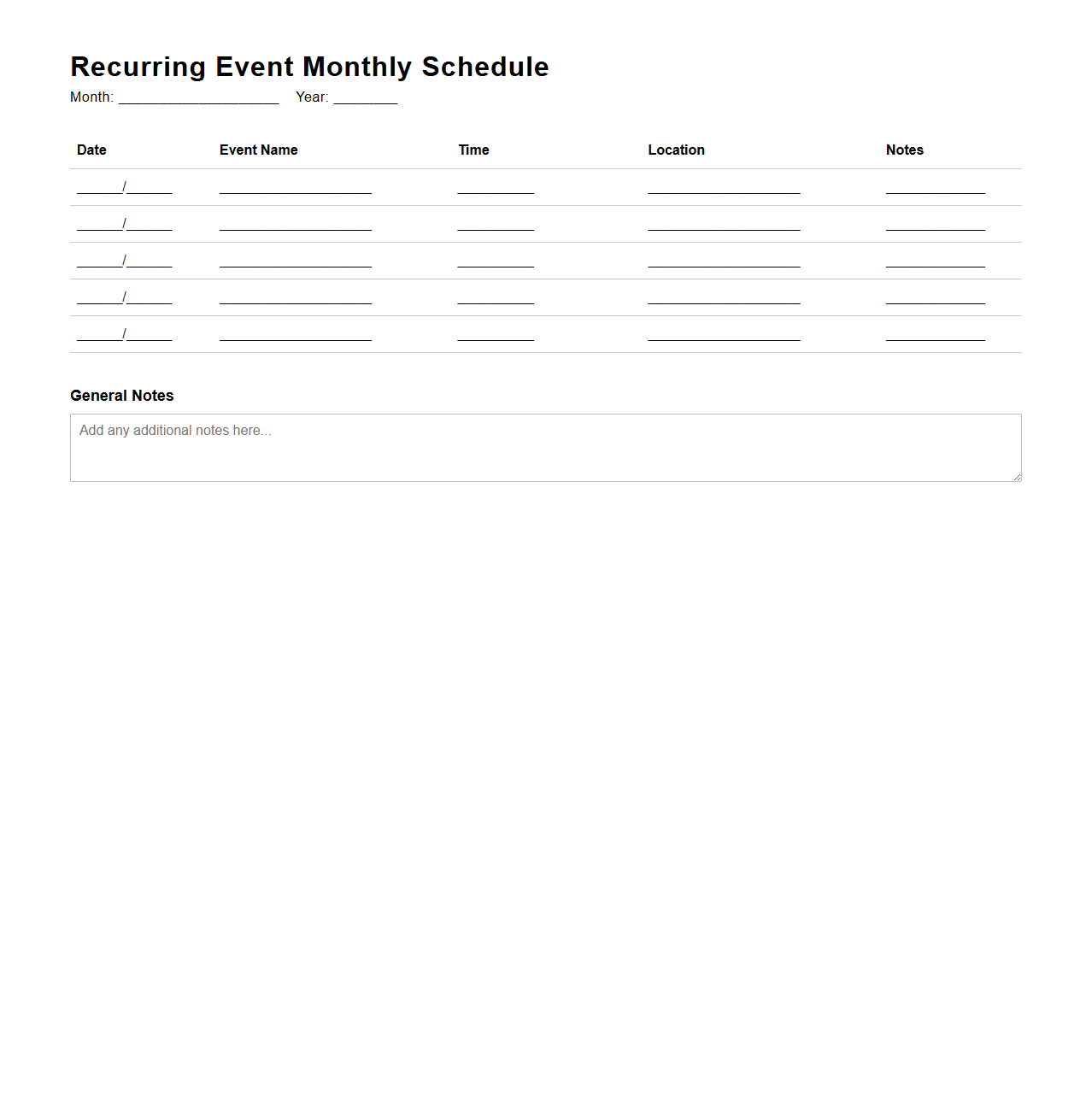 Recurring Event Monthly Schedule Template