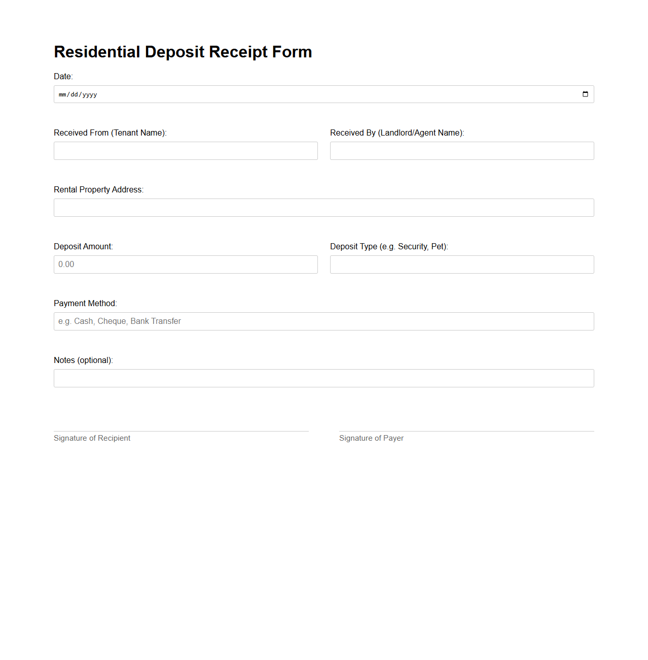 Residential Deposit Receipt Form