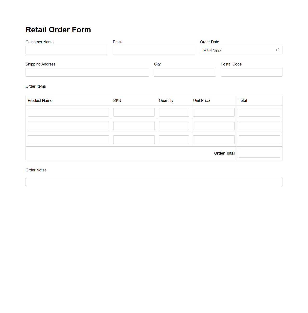 Retail Order Form Template for Products