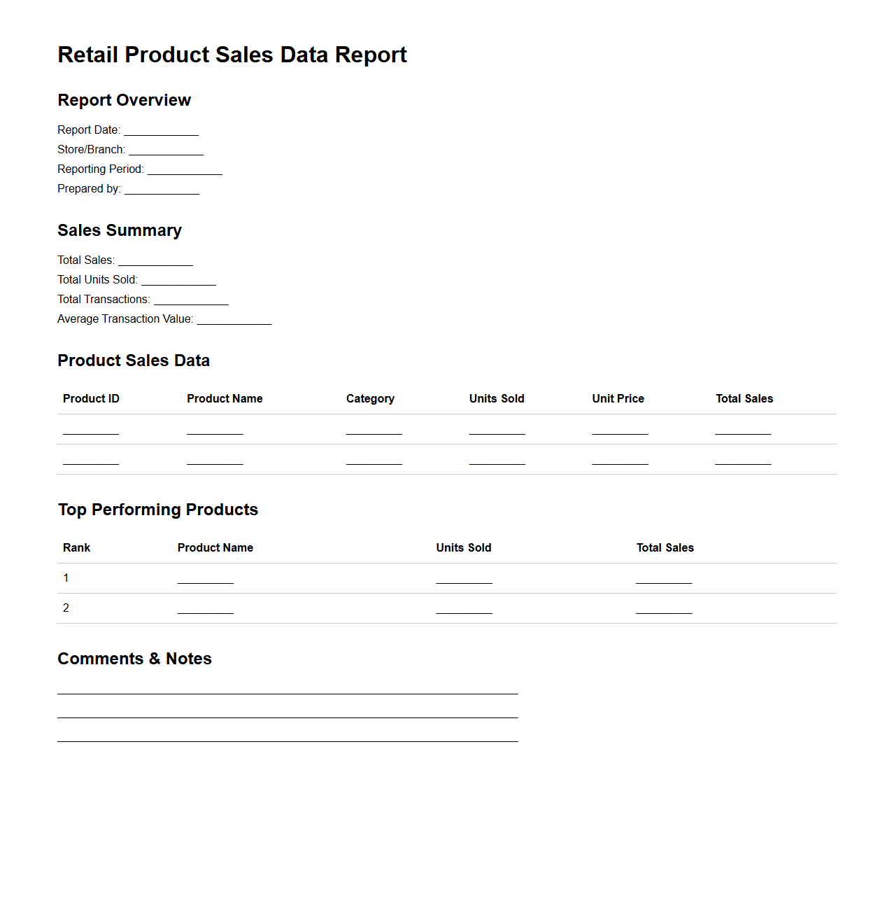 Retail Product Sales Data Report Template