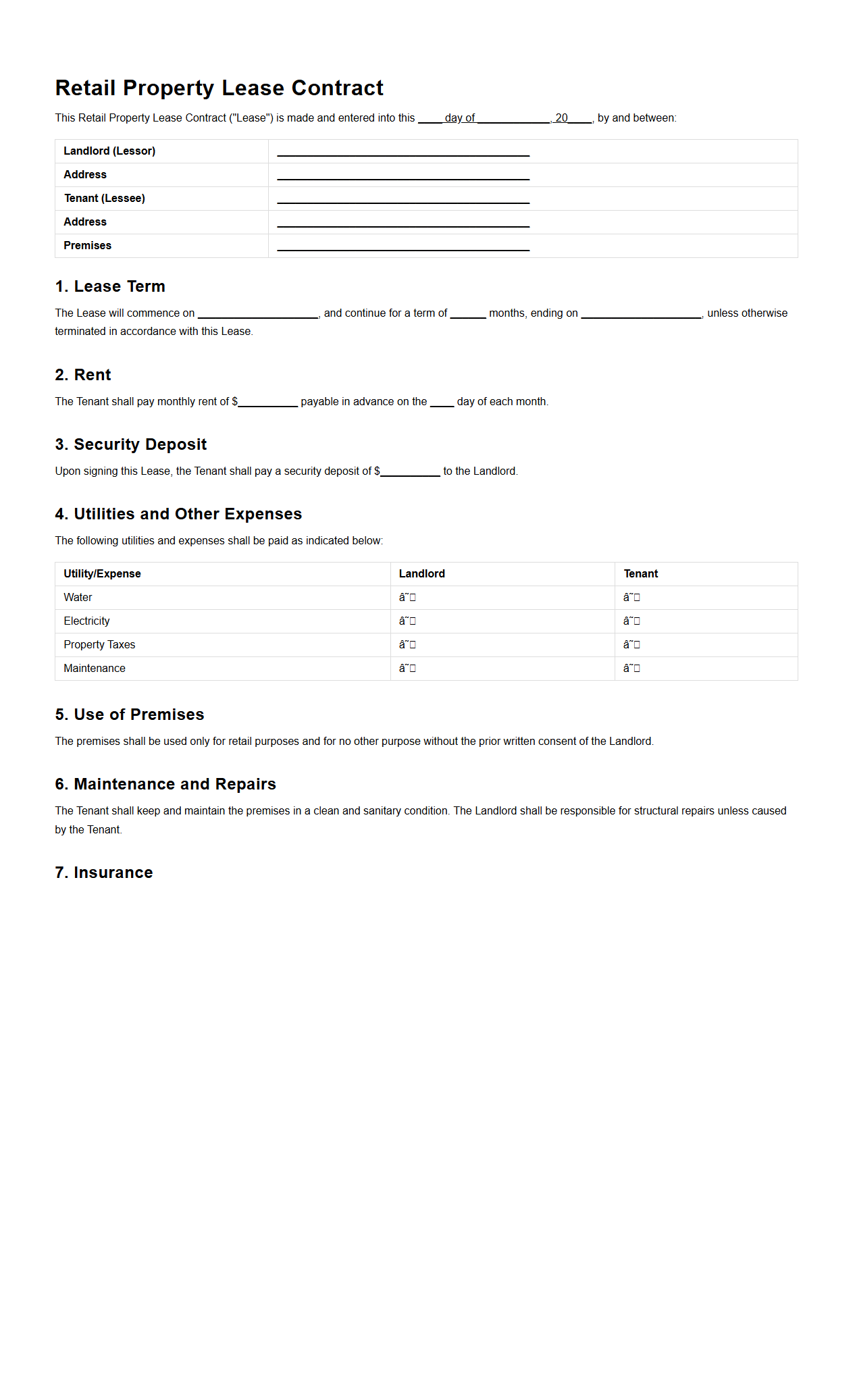 Retail Property Lease Contract Template