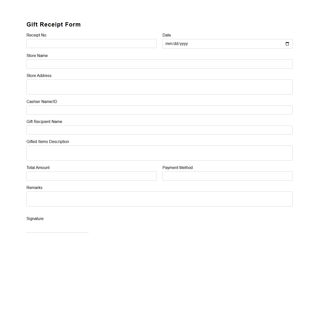 Retail Shop Gift Receipt Form