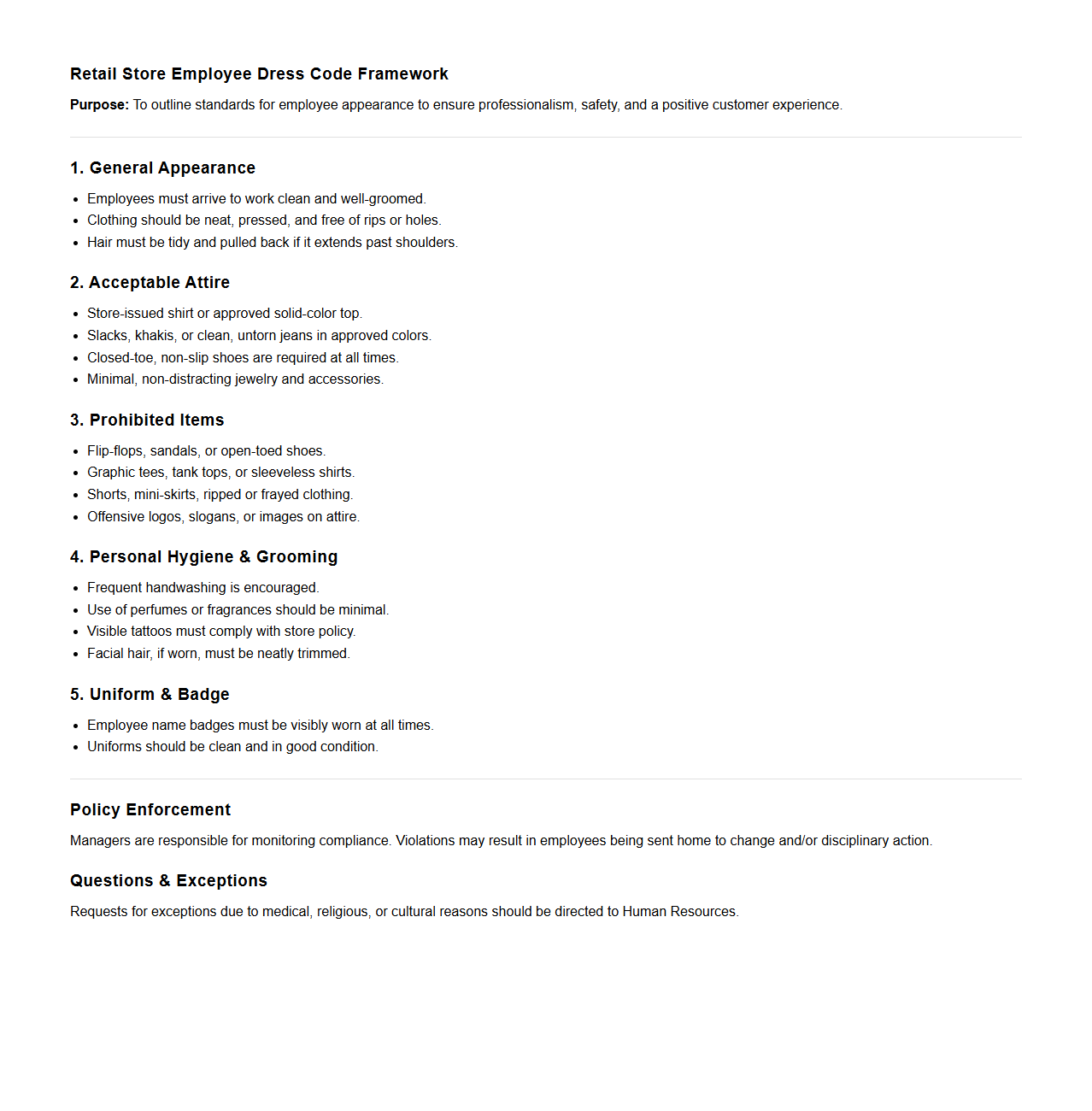 Retail Store Employee Dress Code Framework