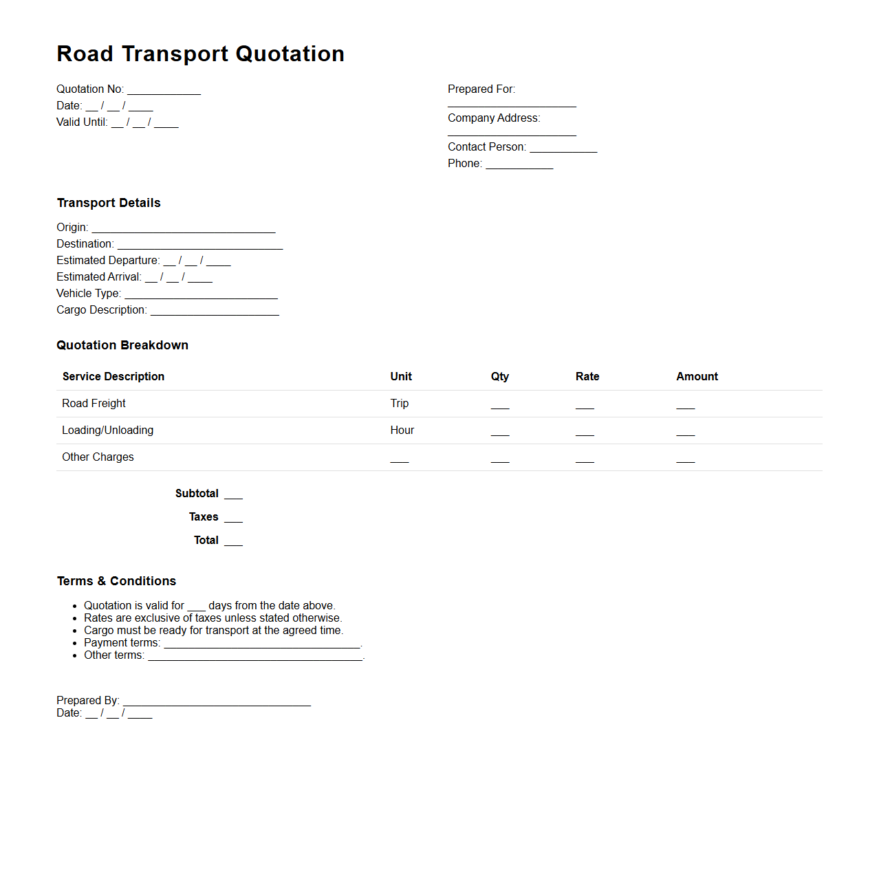 Road Transport Quotation Document